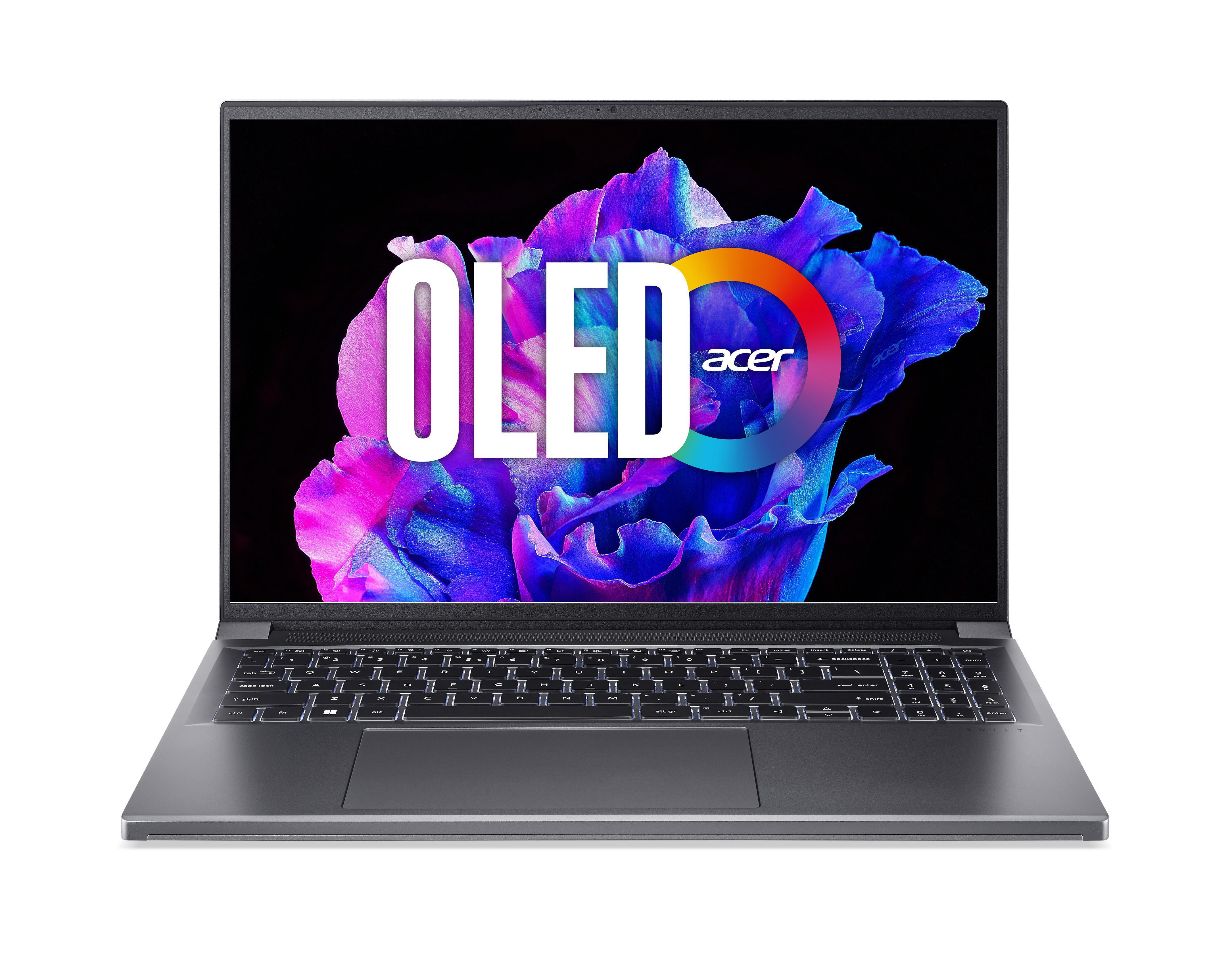 Laptop mit OLED-Display, mit einem lebendigen floralen Hintergrund und dem Wort OLED.