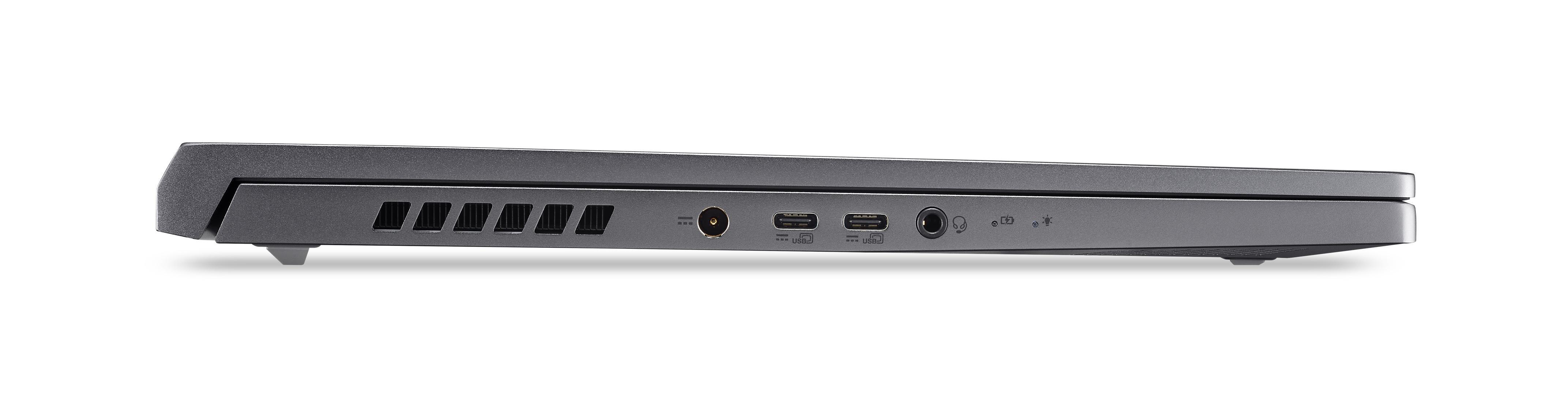 Seitenansicht eines grauen Laptops mit Anschlüssen: HDMI, USB, Kopfhöreranschluss.