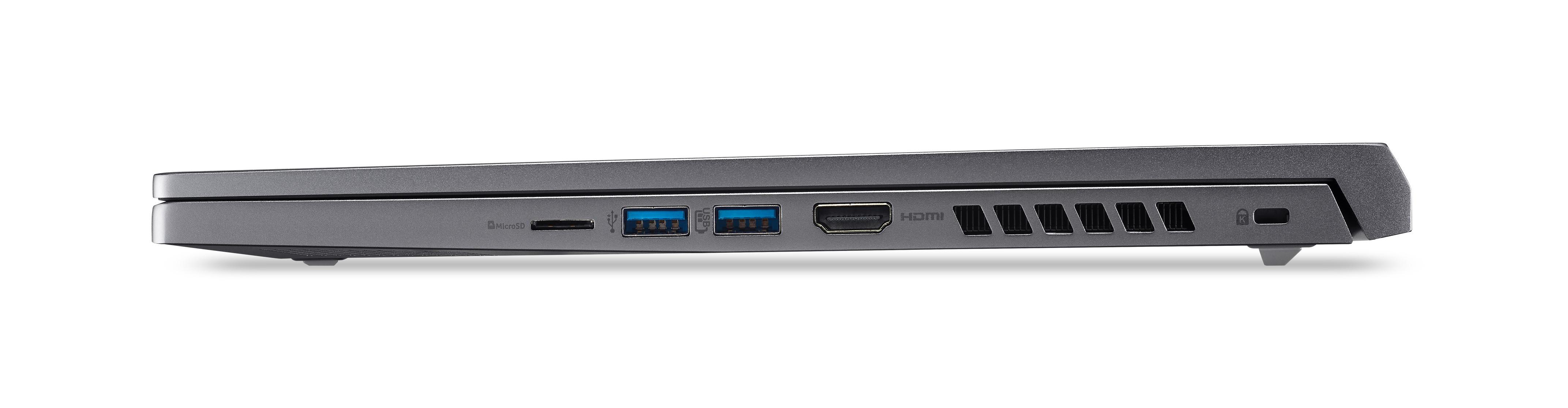 Laptop-Seitenansicht, Anschlüsse: SD, USB, USB, HDMI und Lüfter.