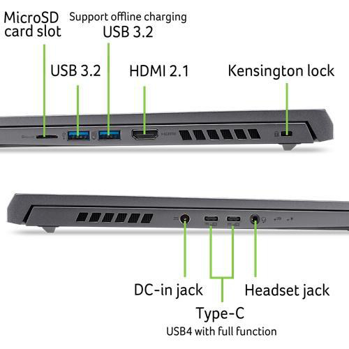 Nahaufnahme der Seite eines Laptops, zeigt Anschlüsse mit Bezeichnungen wie USB, HDMI und mehr.