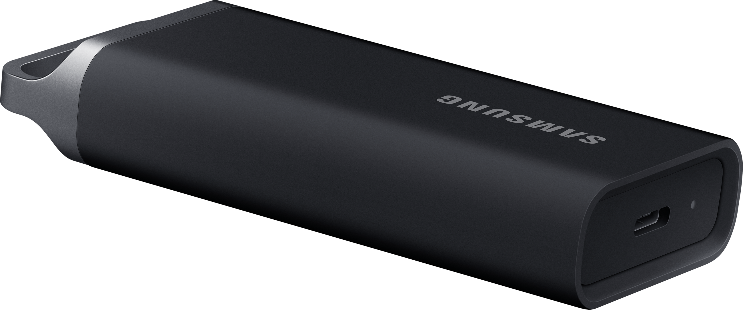 SSD esterno Samsung nero. Rifinitura grigia e logo Samsung in bianco.
