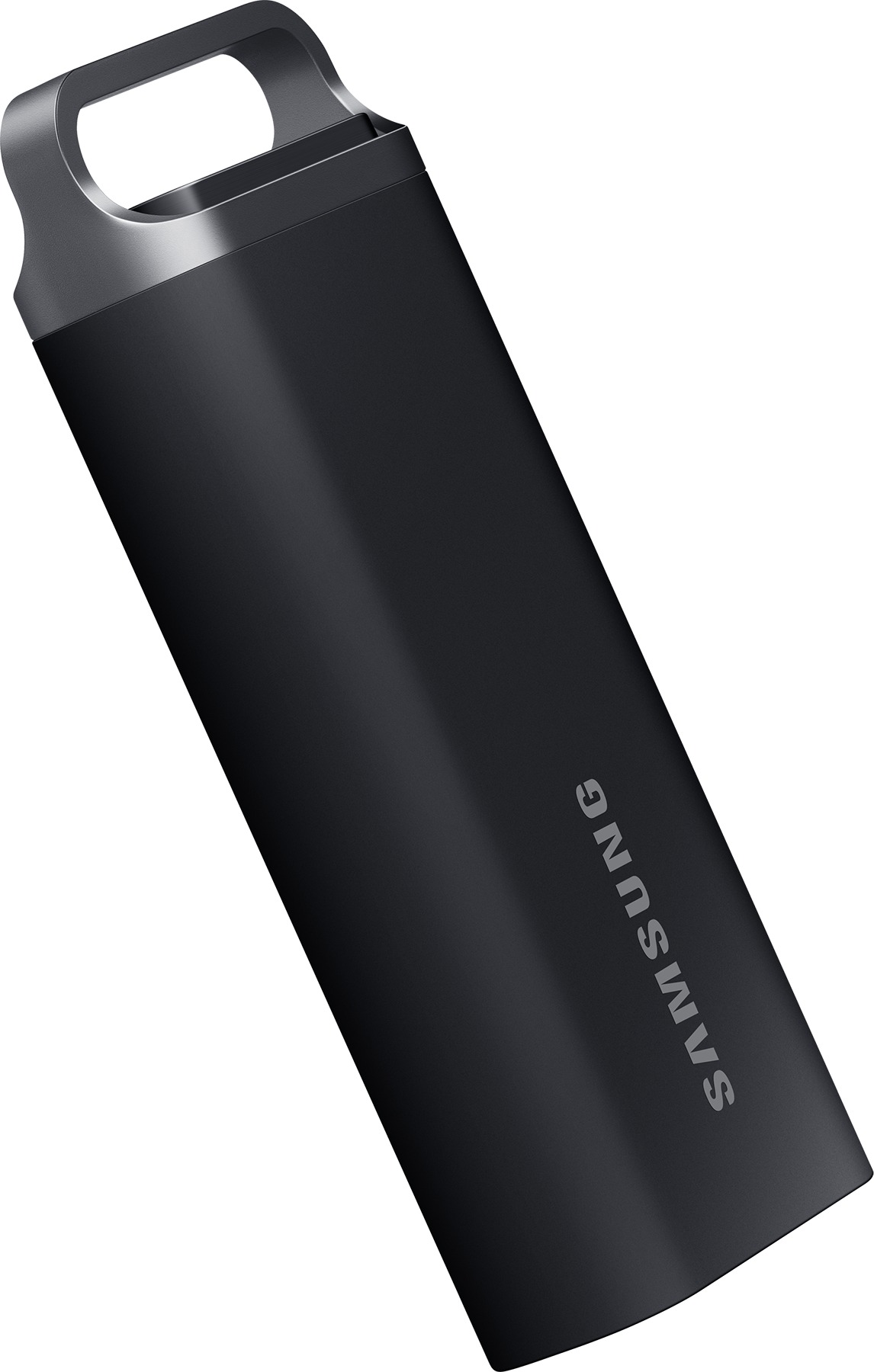 Chiavetta USB nera, angolata, con marchio SAMSUNG. Sfondo nero.