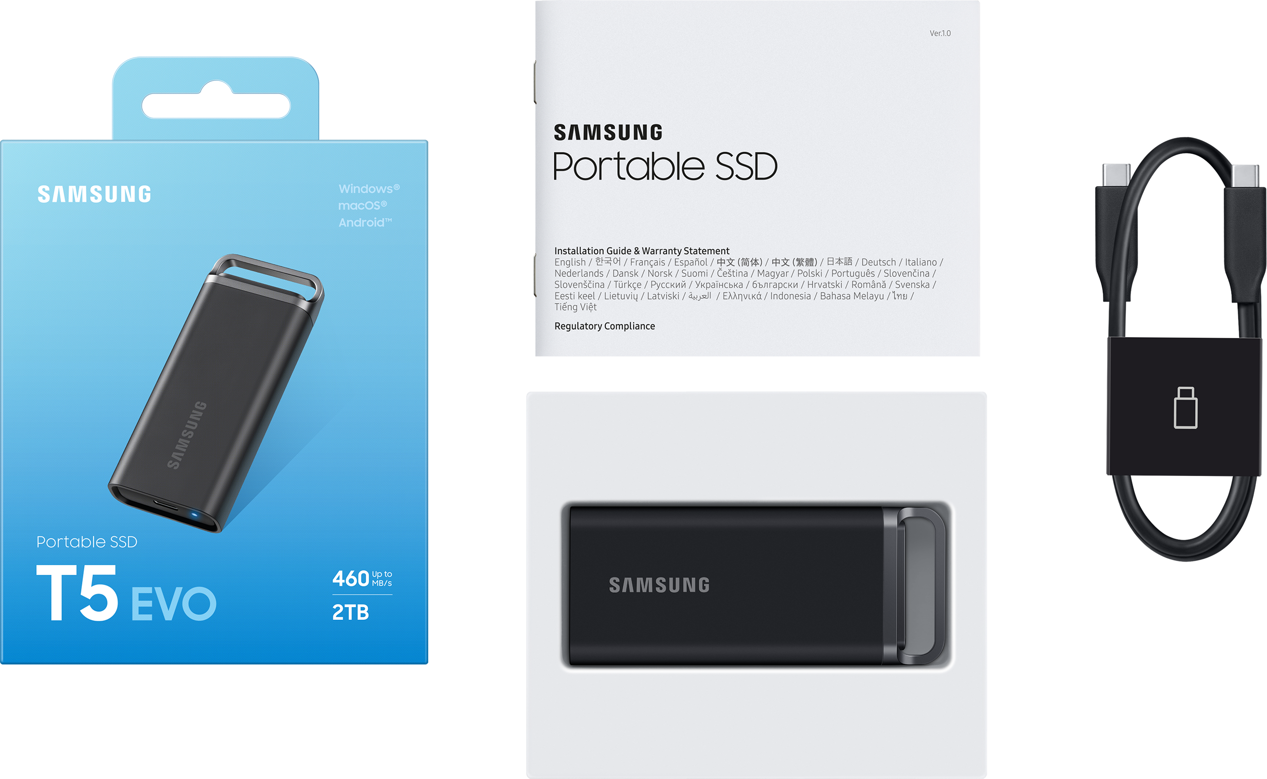Confezione di un SSD portatile Samsung T5 EVO, con accessori.