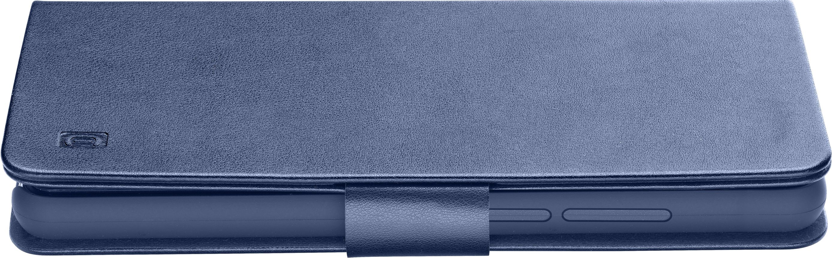 Coque de téléphone bleue. Vue de face fermée. Matériau simili cuir bleu foncé. Fermée.