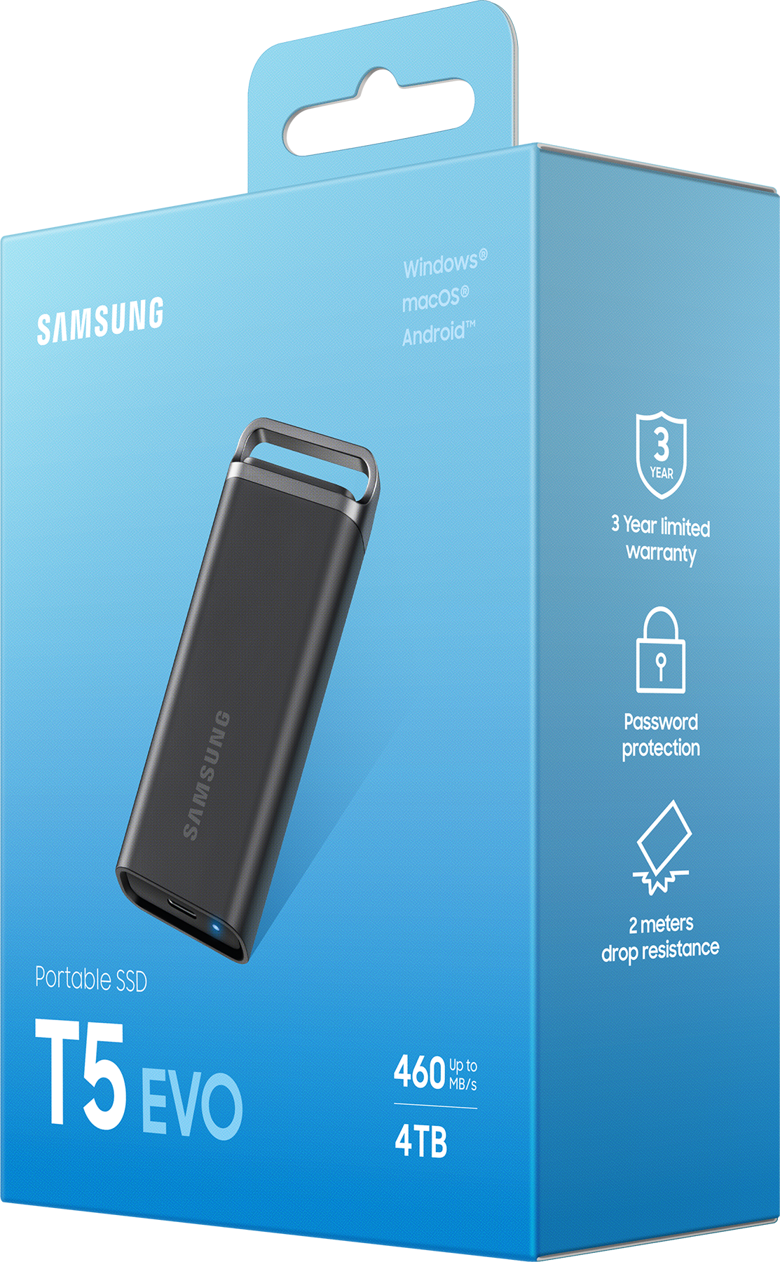 Une boîte Samsung Portable SSD T5 EVO bleue et noire avec des détails et des fonctionnalités.