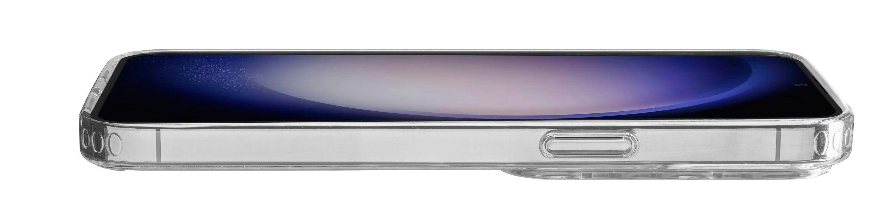 Ein Telefon in einer durchsichtigen Hülle. Der Bildschirm zeigt ein dunkles Bild.