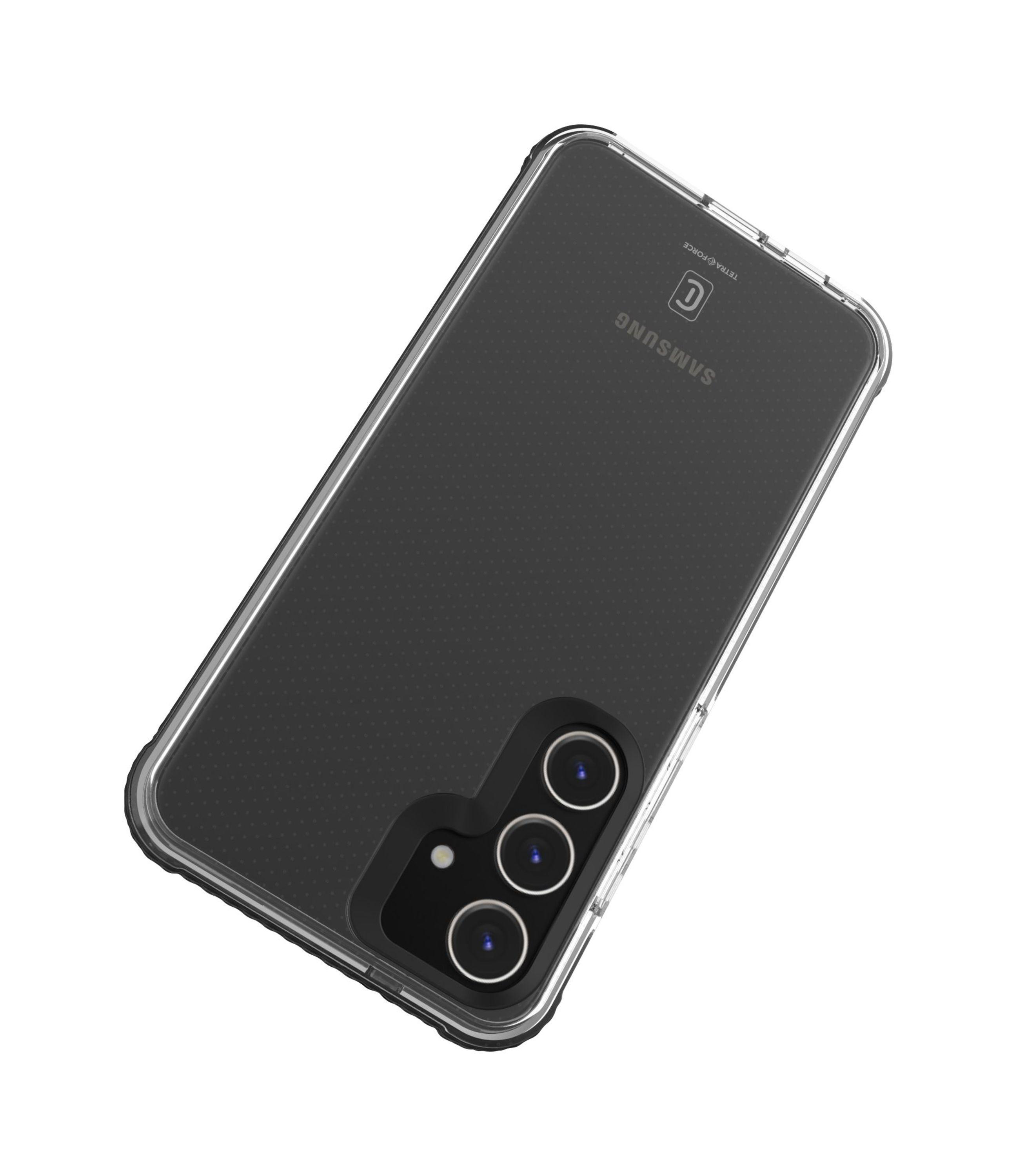 Transparente Handyhülle auf einem Telefon. Es hat drei Kameras und das Samsung Logo.