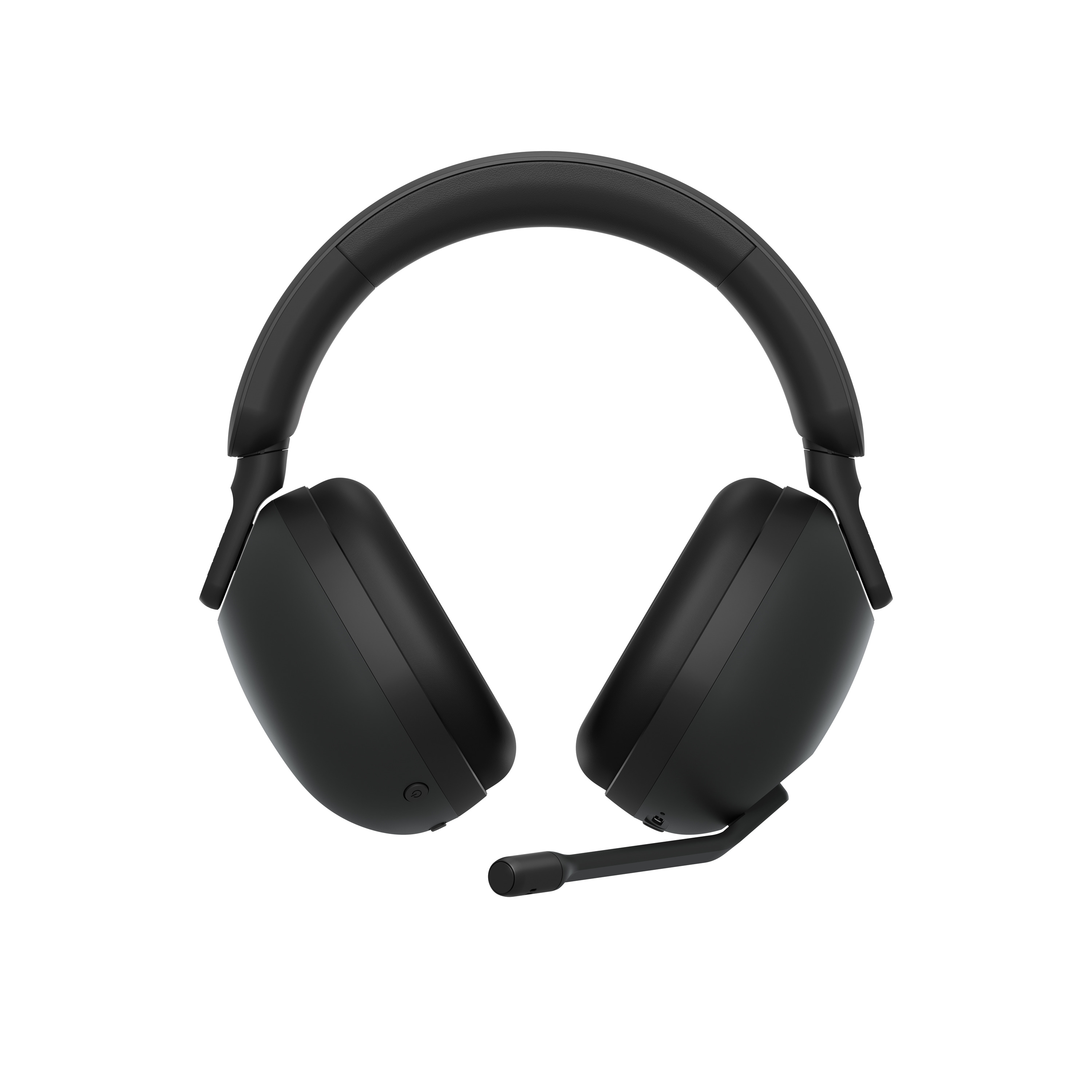 Auriculares negros sobre la oreja con micrófono, sobre fondo blanco.