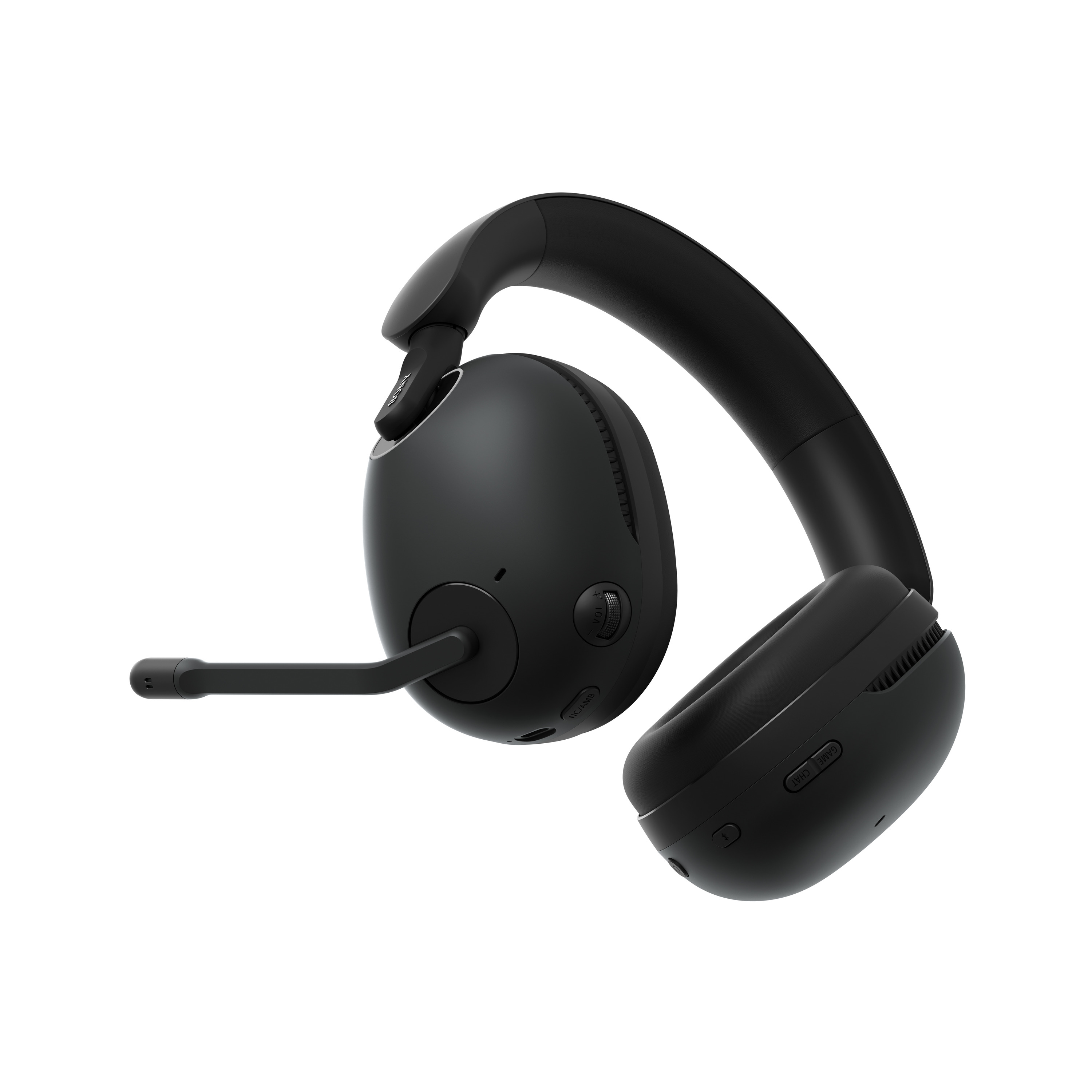 Auriculares inalámbricos negros con micrófono, en ángulo sobre fondo blanco.