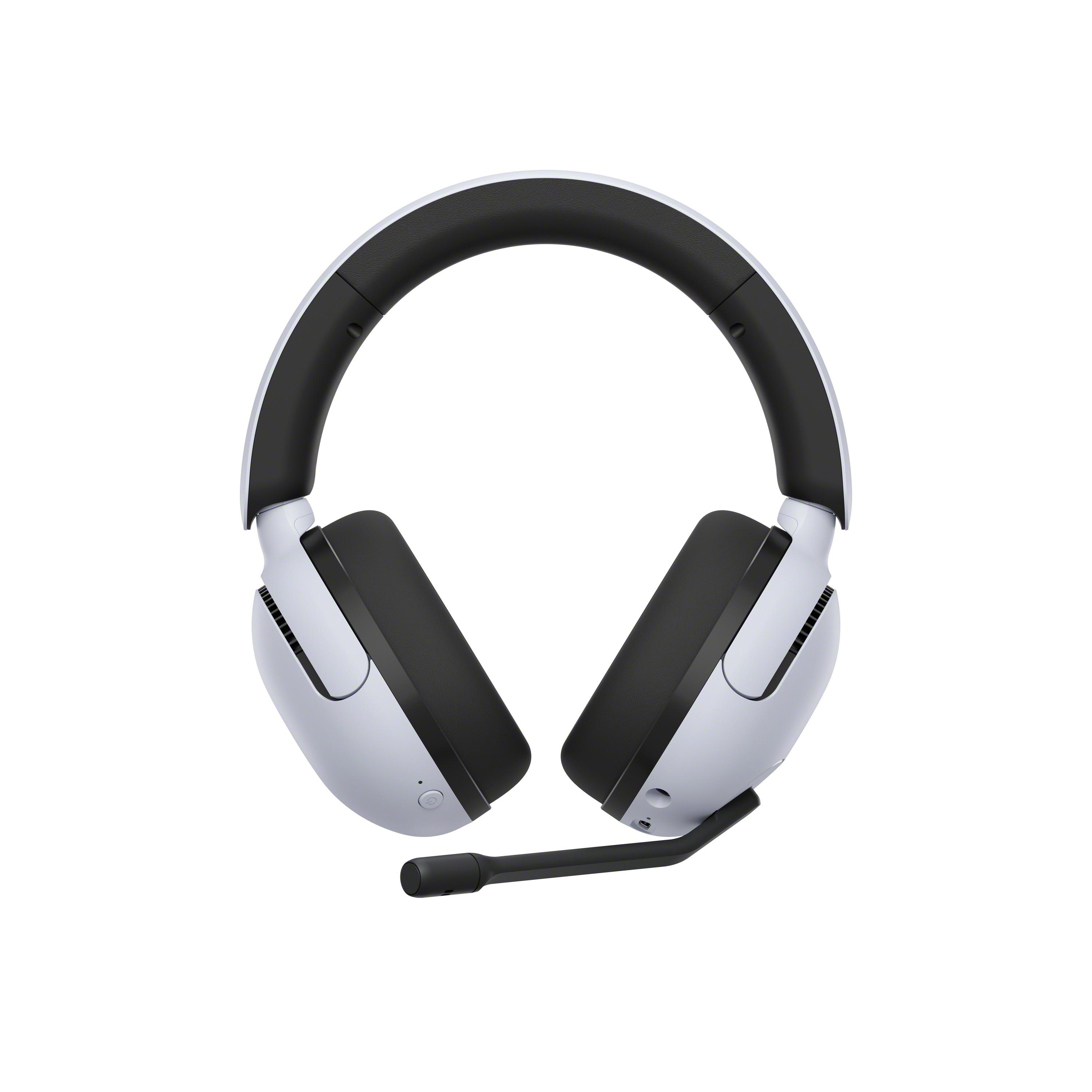 Auriculares supraaurales blancos y negros con micrófono.