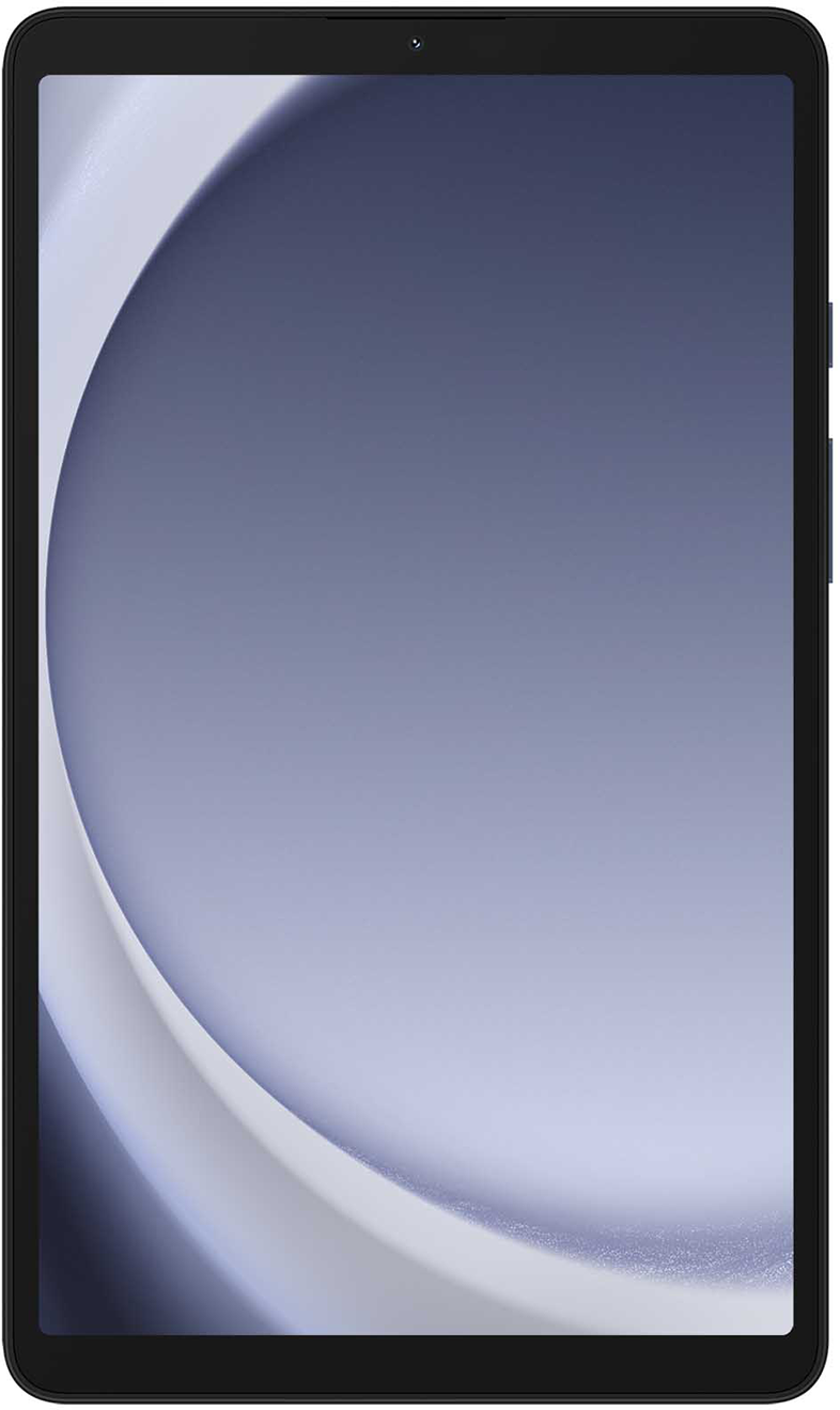 Egy fekete tablet nagy képernyővel, mely egy absztrakt fehér és kék designt mutat.