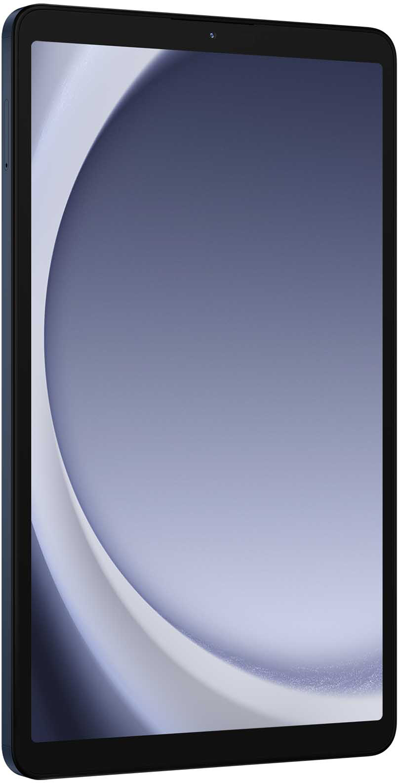 Tablet, sötétkék keret, ívelt absztrakt design a képernyőn.