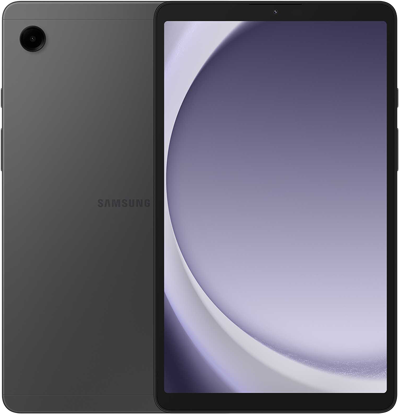 Szürke tablet, Samsung logó, kamera lencse felül, hátul- és képernyő nézet.