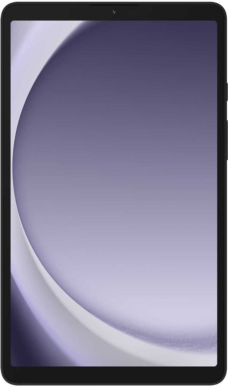 Fekete tablet fekete kerettel és világos lila képernyővel, beltérben.