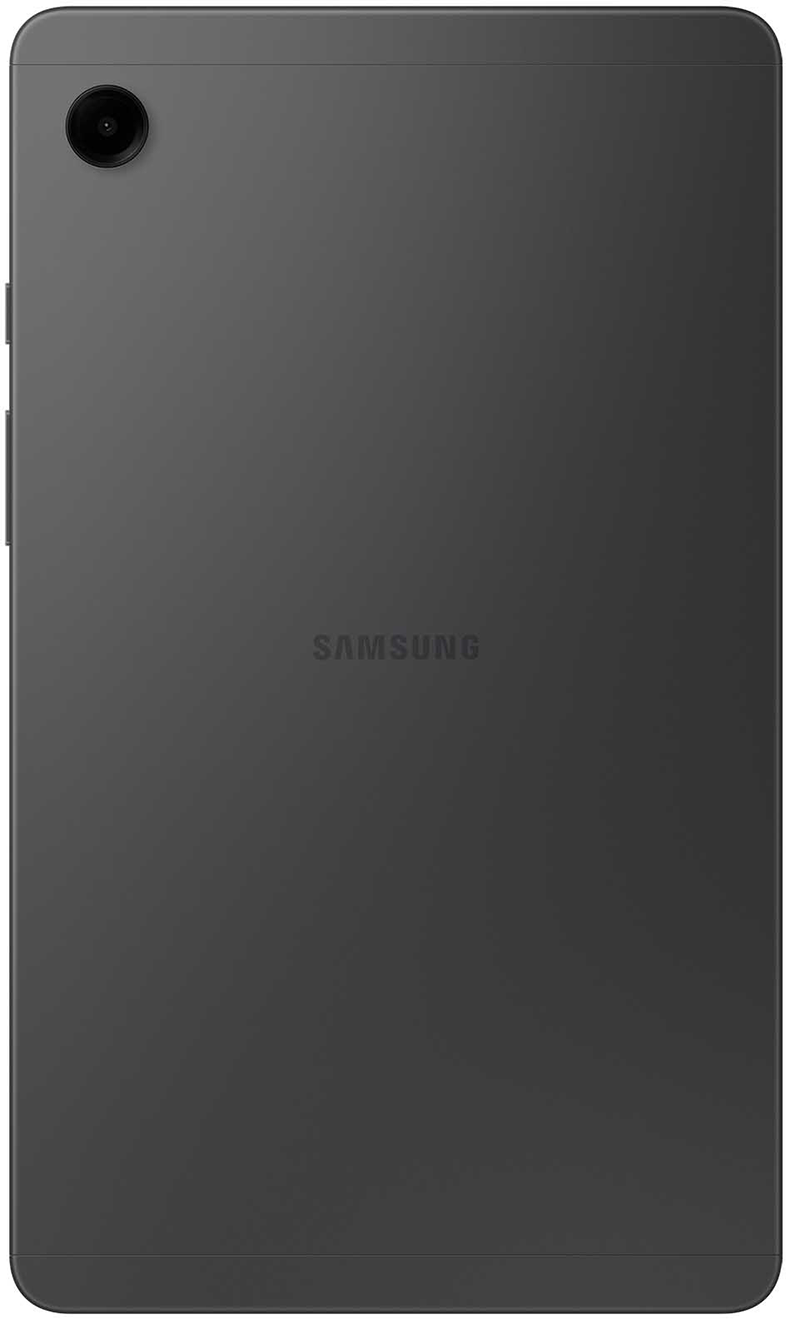 Egy sötétszürke tablet hátulnézete, kamerával és a Samsung logóval.