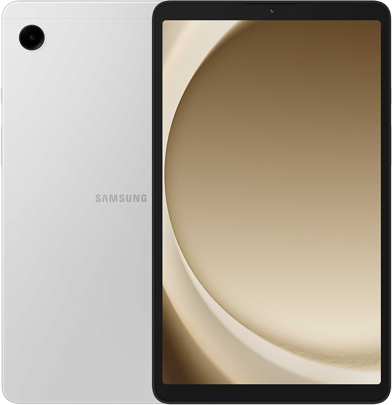 Fehér Samsung tablet fekete képernyővel. A Samsung logója látható. Fehér háttér.