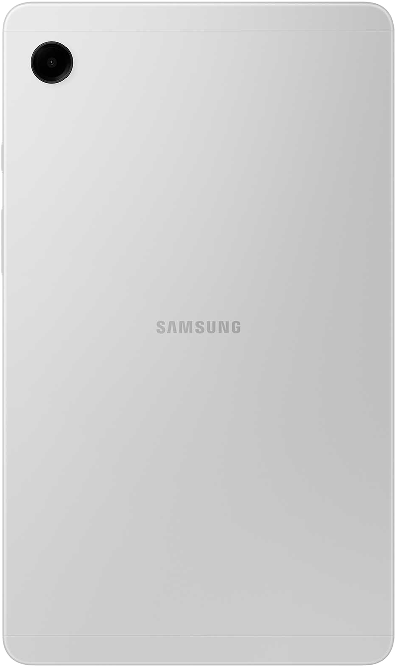 Egy fehér tablet hátulnézete. A Samsung logója és egy kamera látható.
