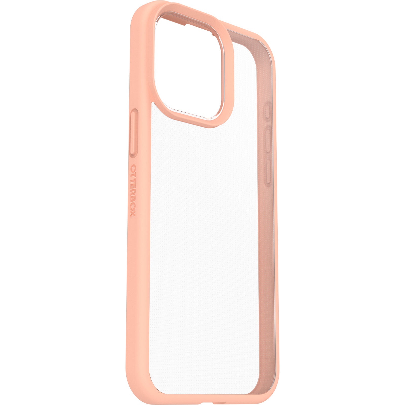 Clear phone case with a pink frame, side view, showing buttons and the Otterbox logo.