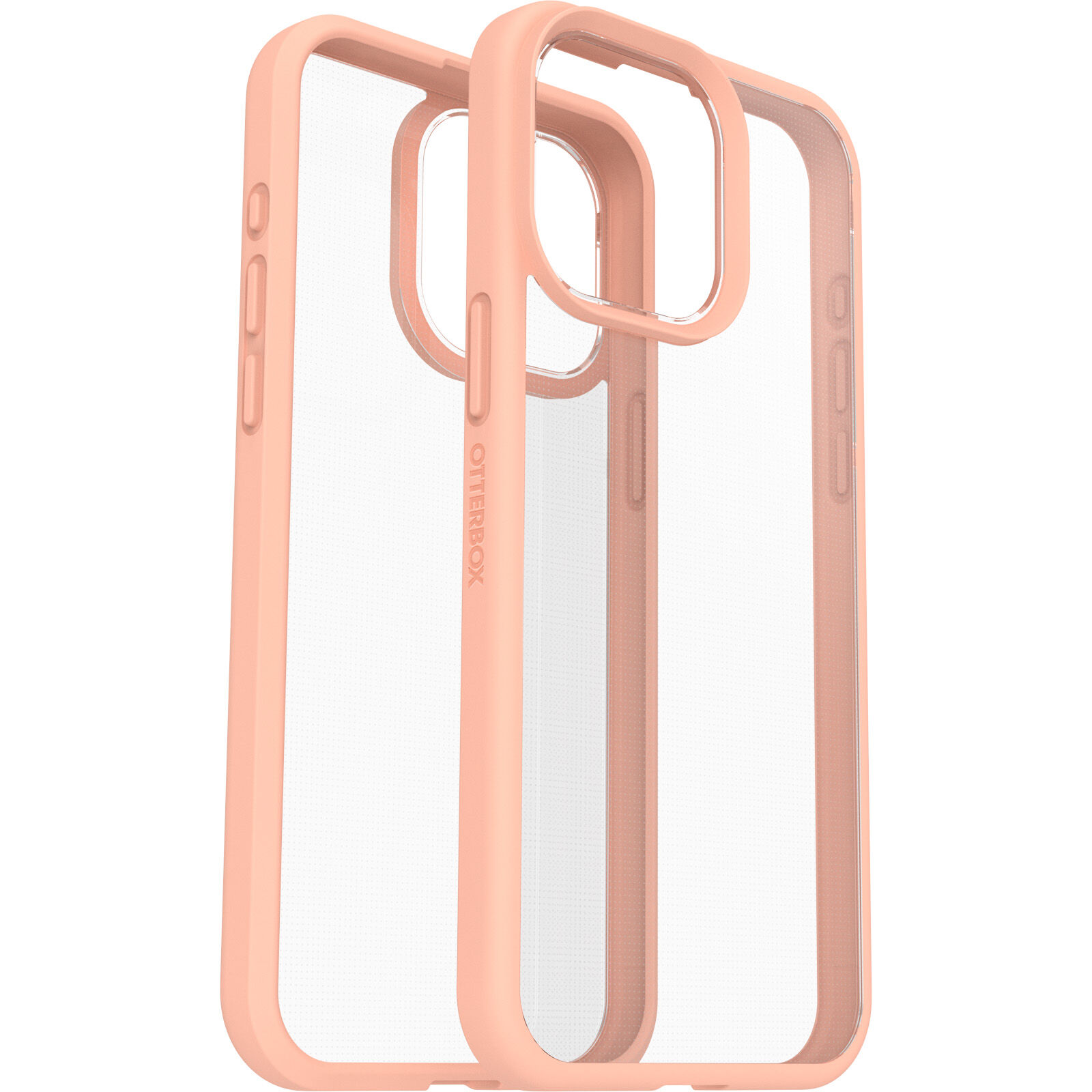 Two clear phone cases with a peachy-pink colored frame, laying side by side.