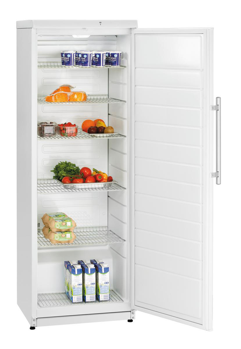 Offener weißer Kühlschrank mit verschiedenen Lebensmitteln: Joghurt, Orangen, Beeren, Tomaten, Eier und Getränke. Regale sichtbar.
