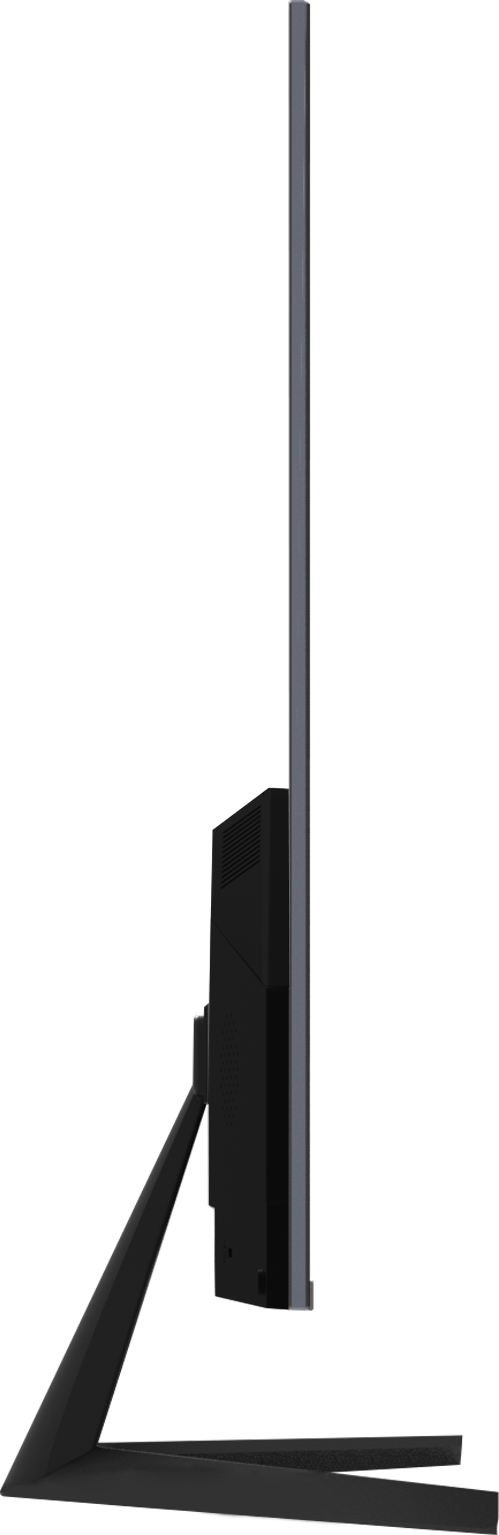 Vue latérale d'un moniteur d'ordinateur noir avec support. Fond noir.