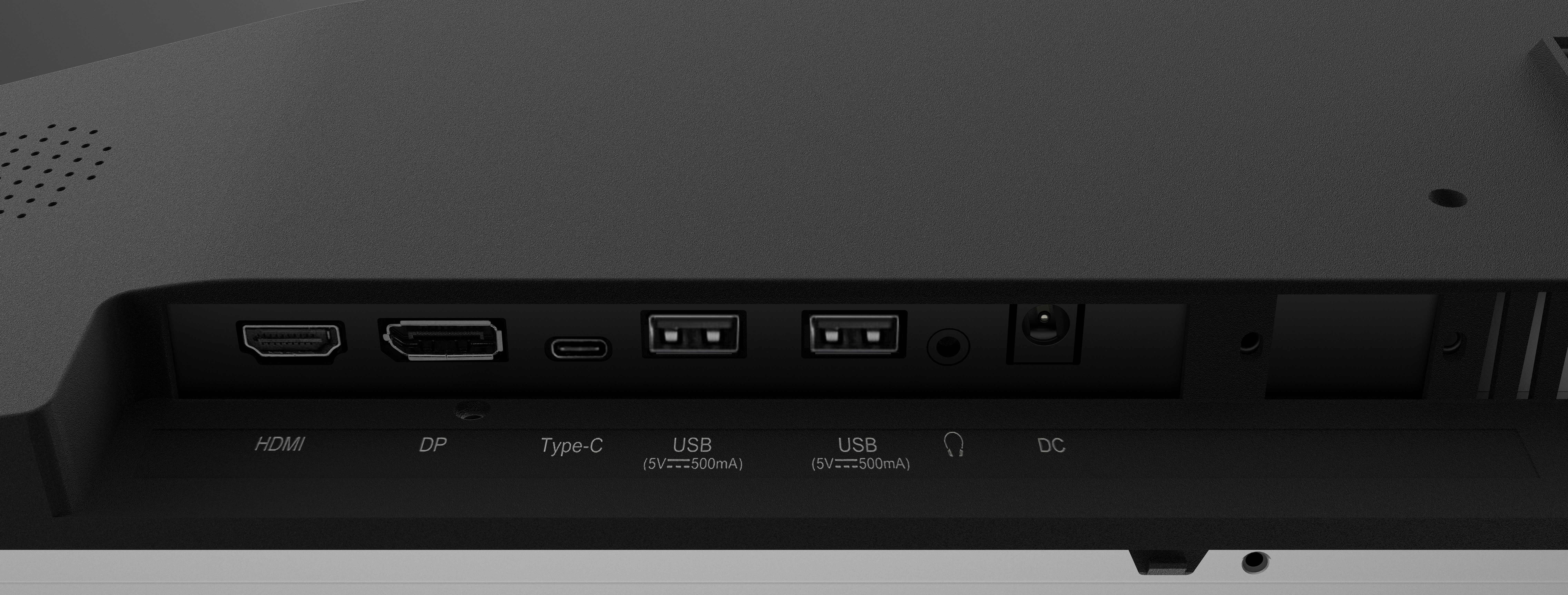 Gros plan du panneau arrière d'un moniteur, avec ports HDMI, DP, Type-C, USB, prise casque et entrée d'alimentation CC.