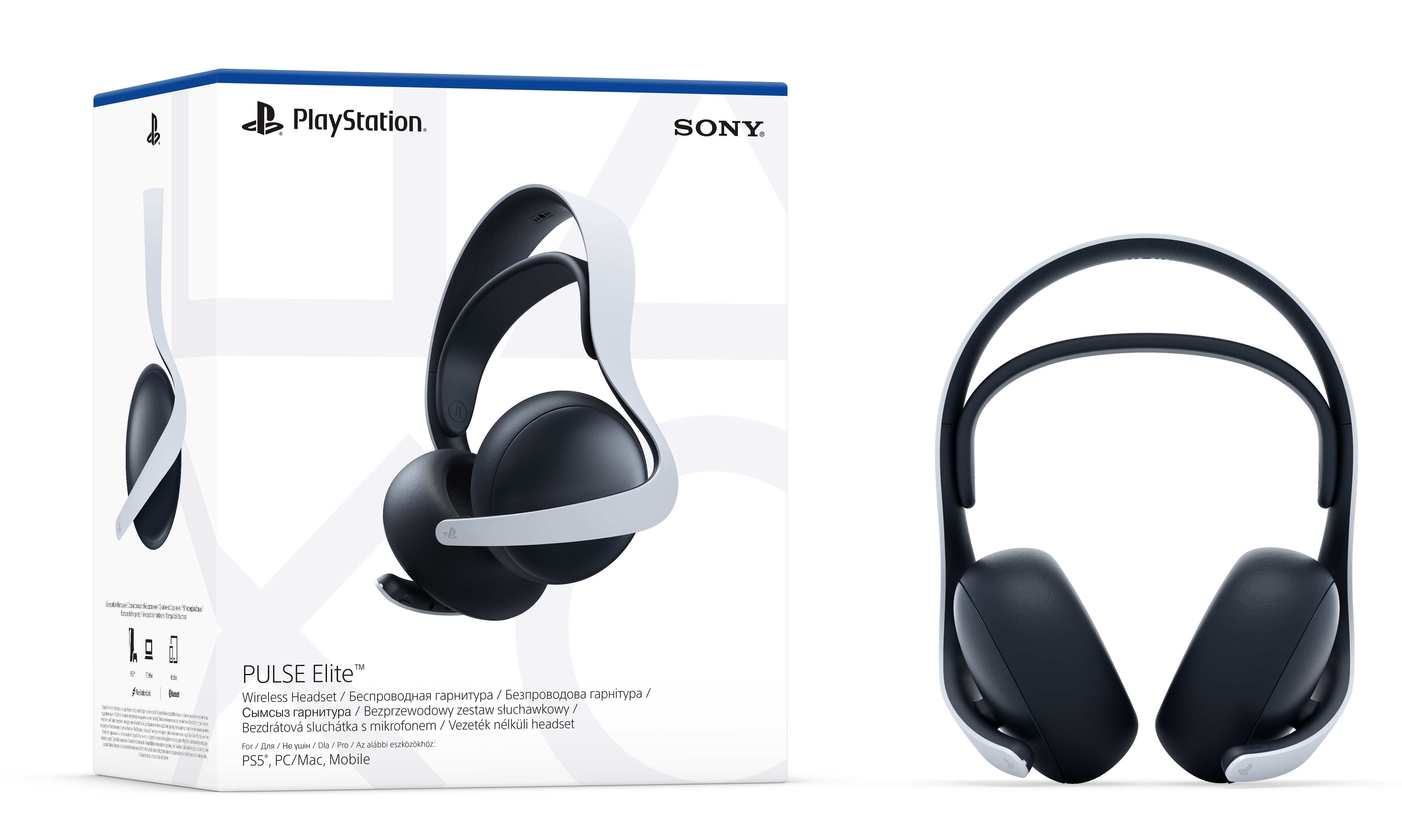 Bezprzewodowy zestaw słuchawkowy Sony PlayStation Pulse Elite i jego pudełko, biało-czarne.