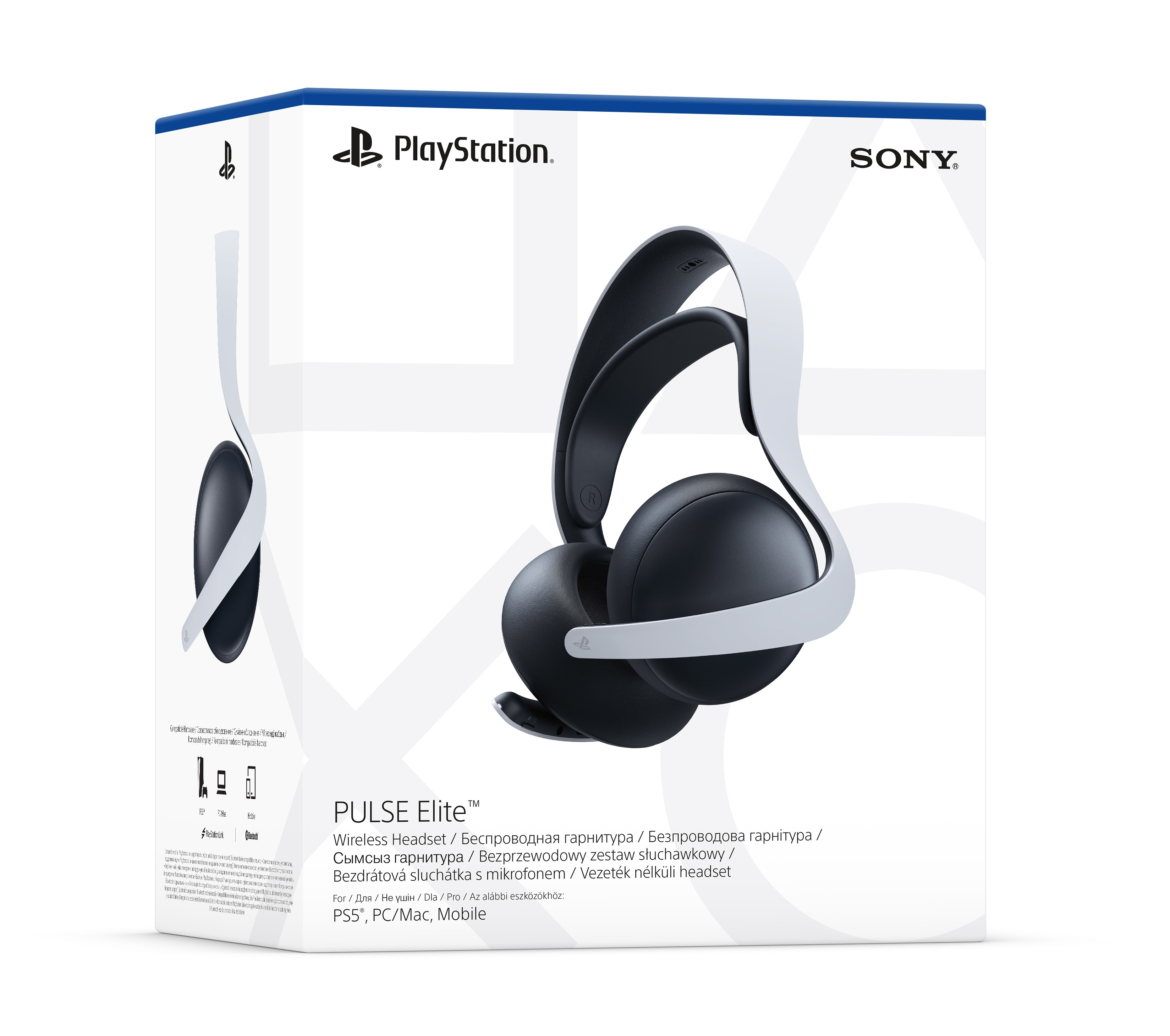 Biało-czarne pudełko słuchawek bezprzewodowych PlayStation Pulse Elite ze zdjęciem słuchawek.