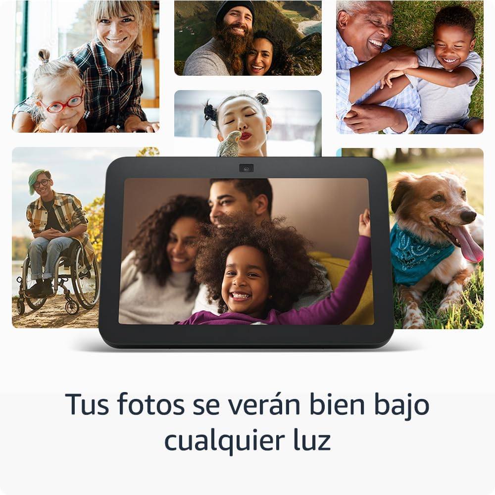 Tableta que muestra varias fotos de personas. El texto dice que las fotos se ven bien con cualquier luz.