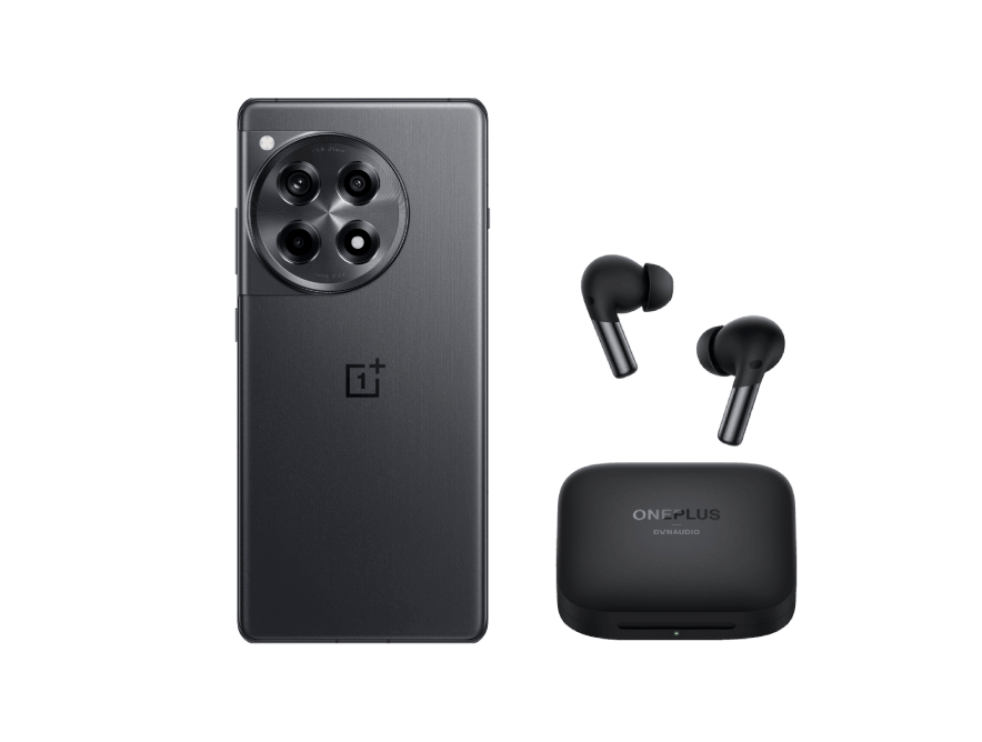 Teléfono y auriculares negros con estuche de carga sobre fondo negro, marca OnePlus.