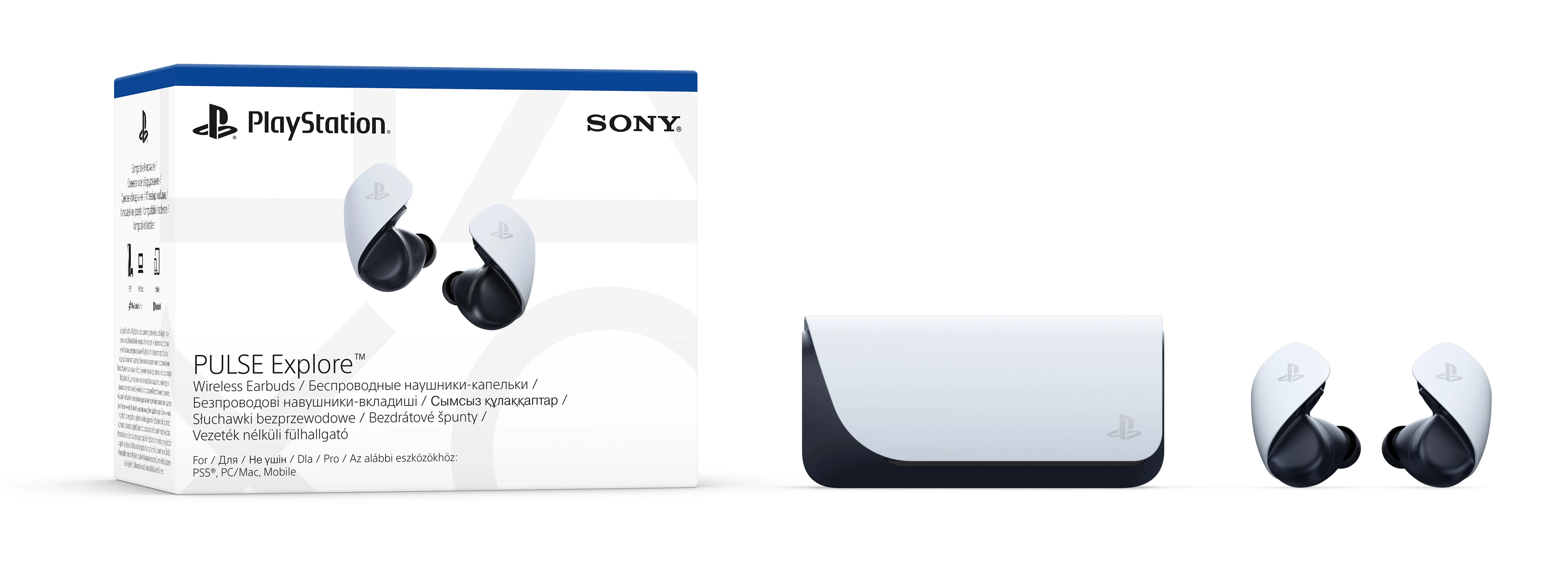 Słuchawki PlayStation PULSE Explore, pudełko i etui ładujące na białym tle.