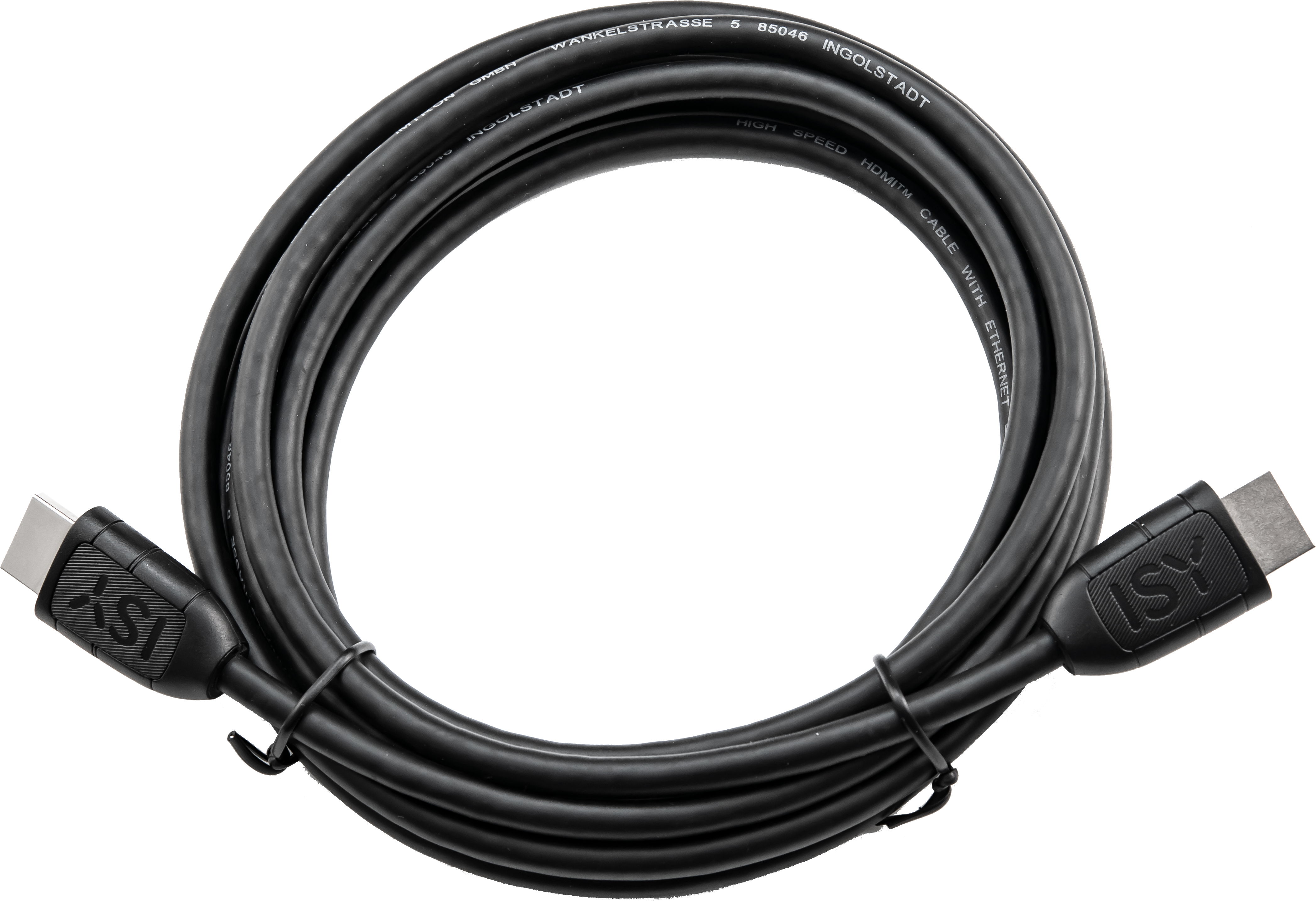 Câble HDMI noir avec connecteurs et étiquettes, sur fond noir.