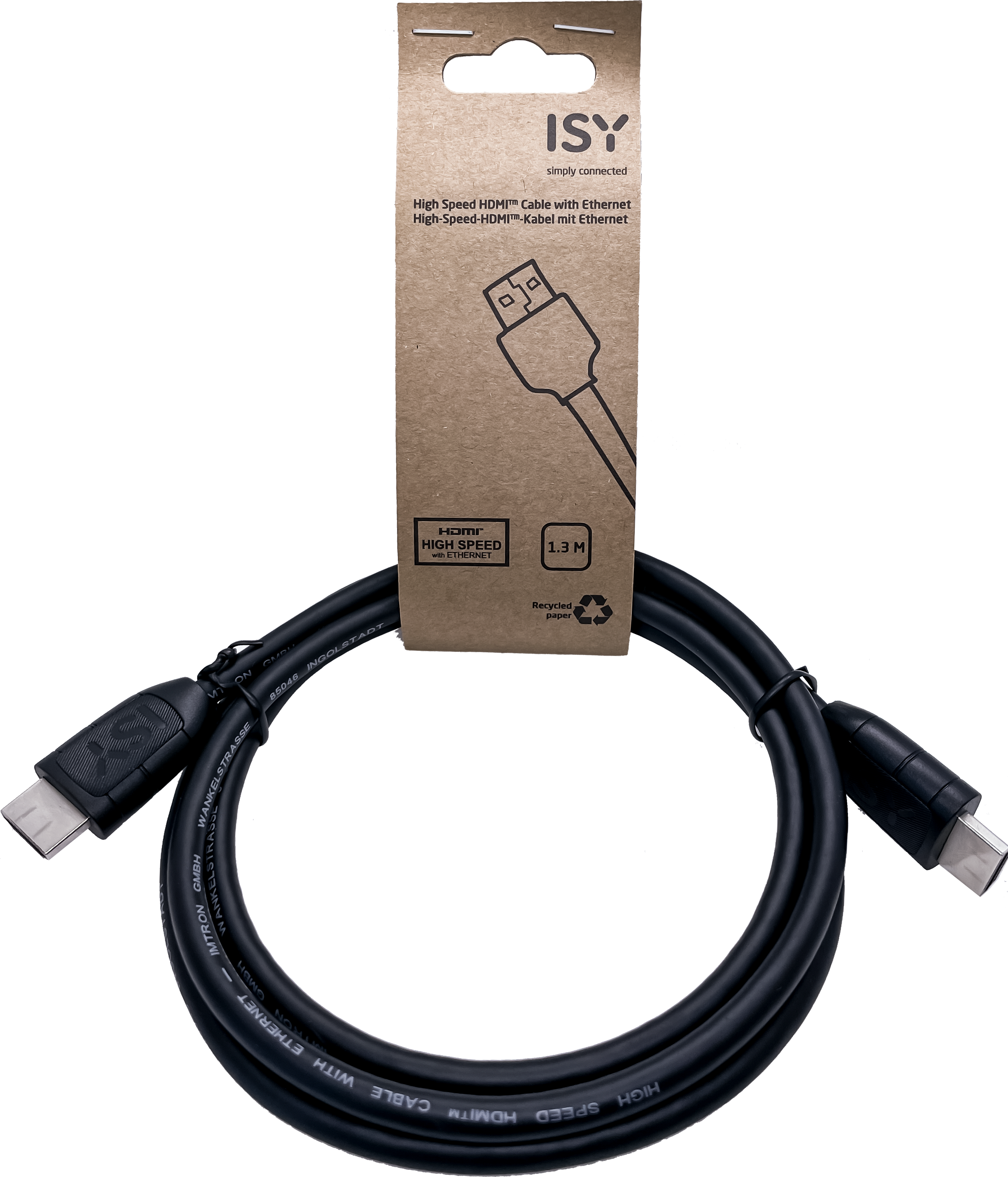 Câble HDMI noir avec son emballage et texte dessus.