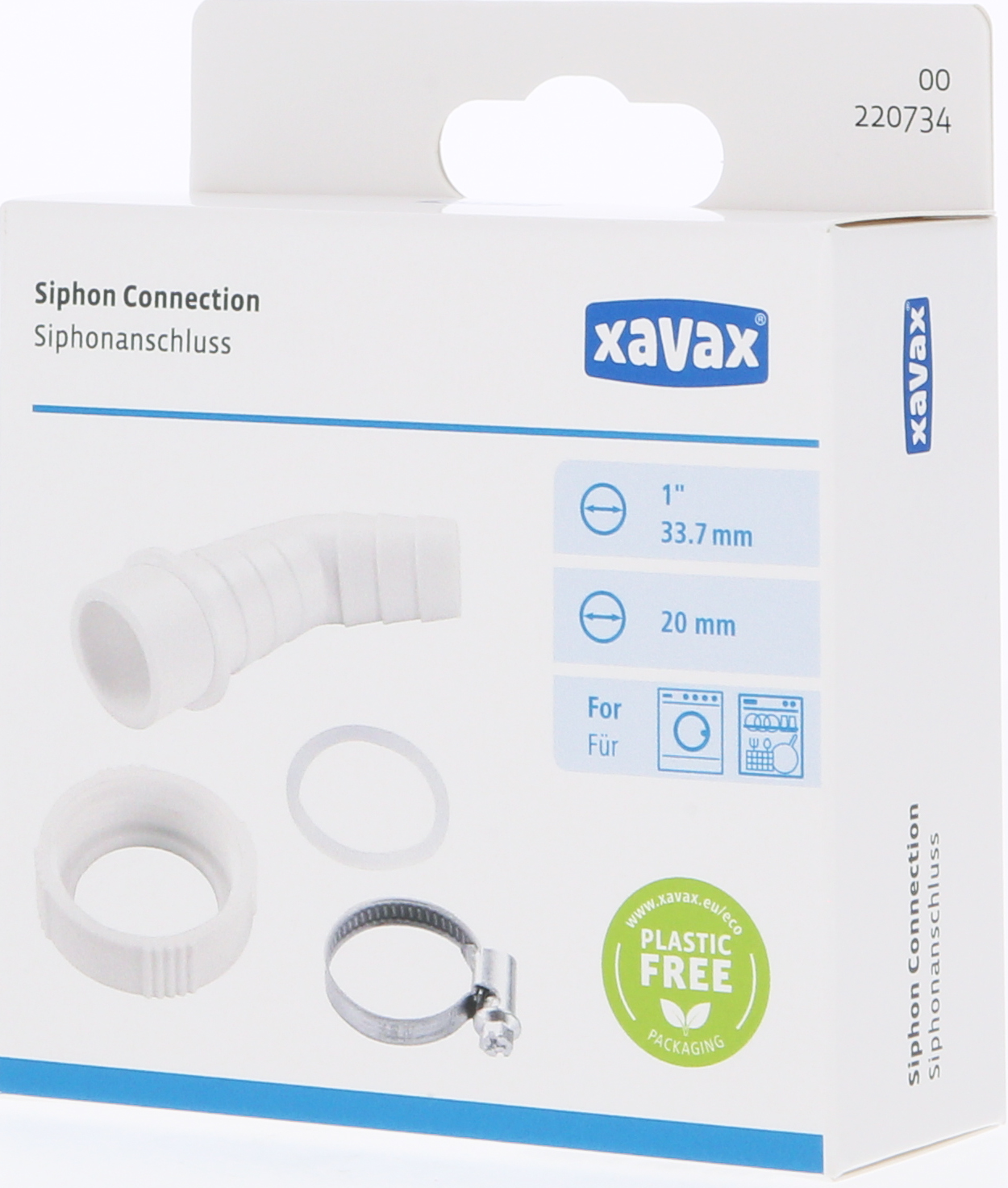 Una scatola bianca Xavax Siphon Connection con componenti, per collegare gli elettrodomestici.