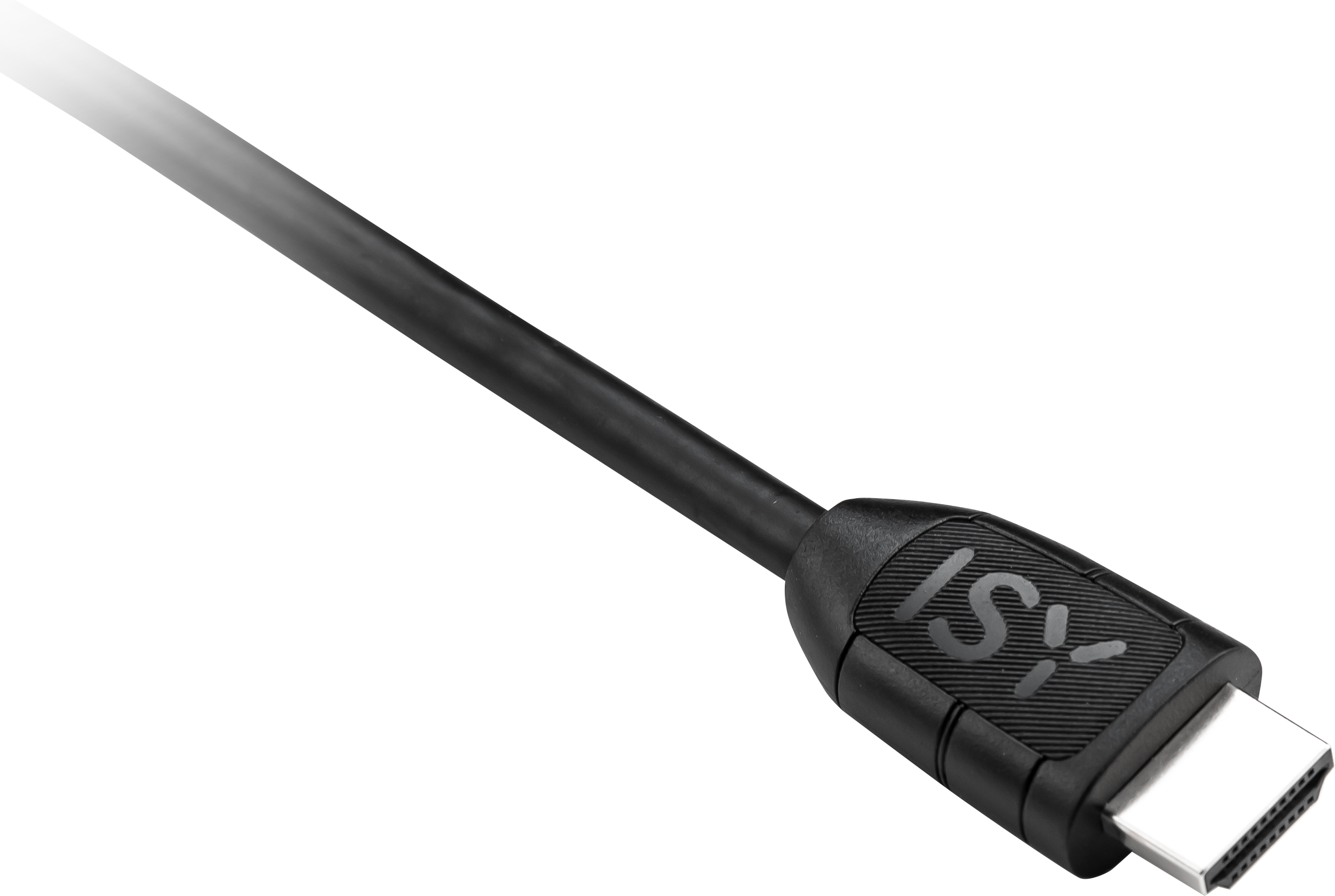 Gros plan d'une tête de câble HDMI noire avec le logo ISY.