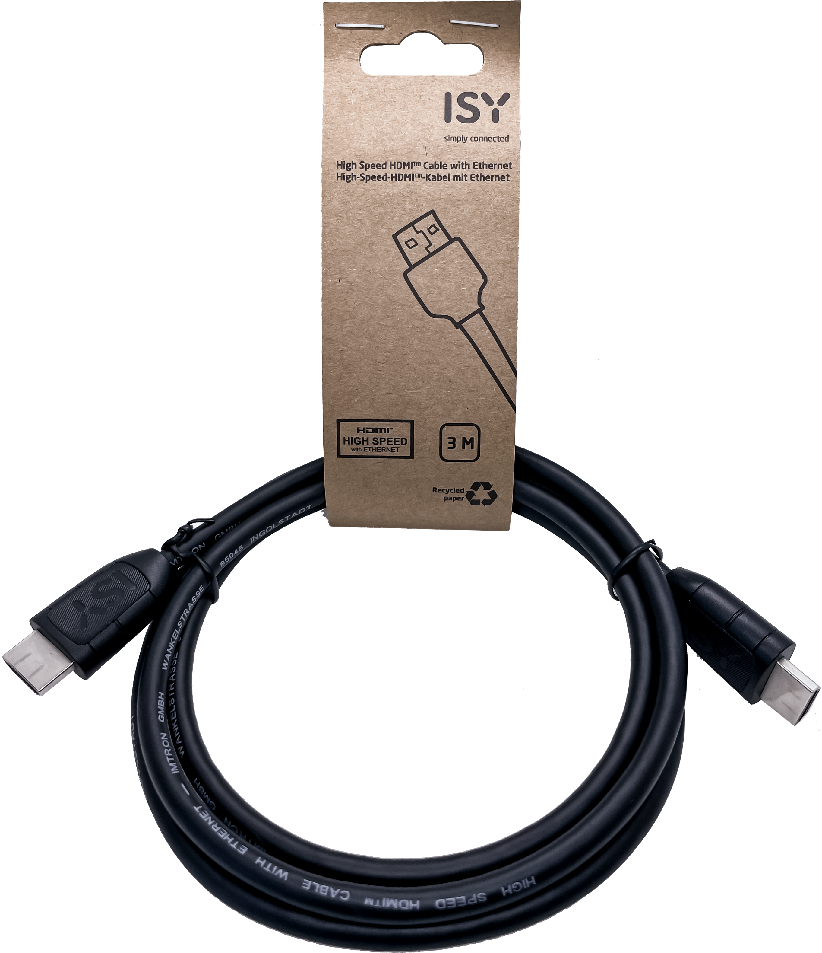 Câble HDMI noir dans un emballage en papier brun, avec une longueur de câble de 3 m.