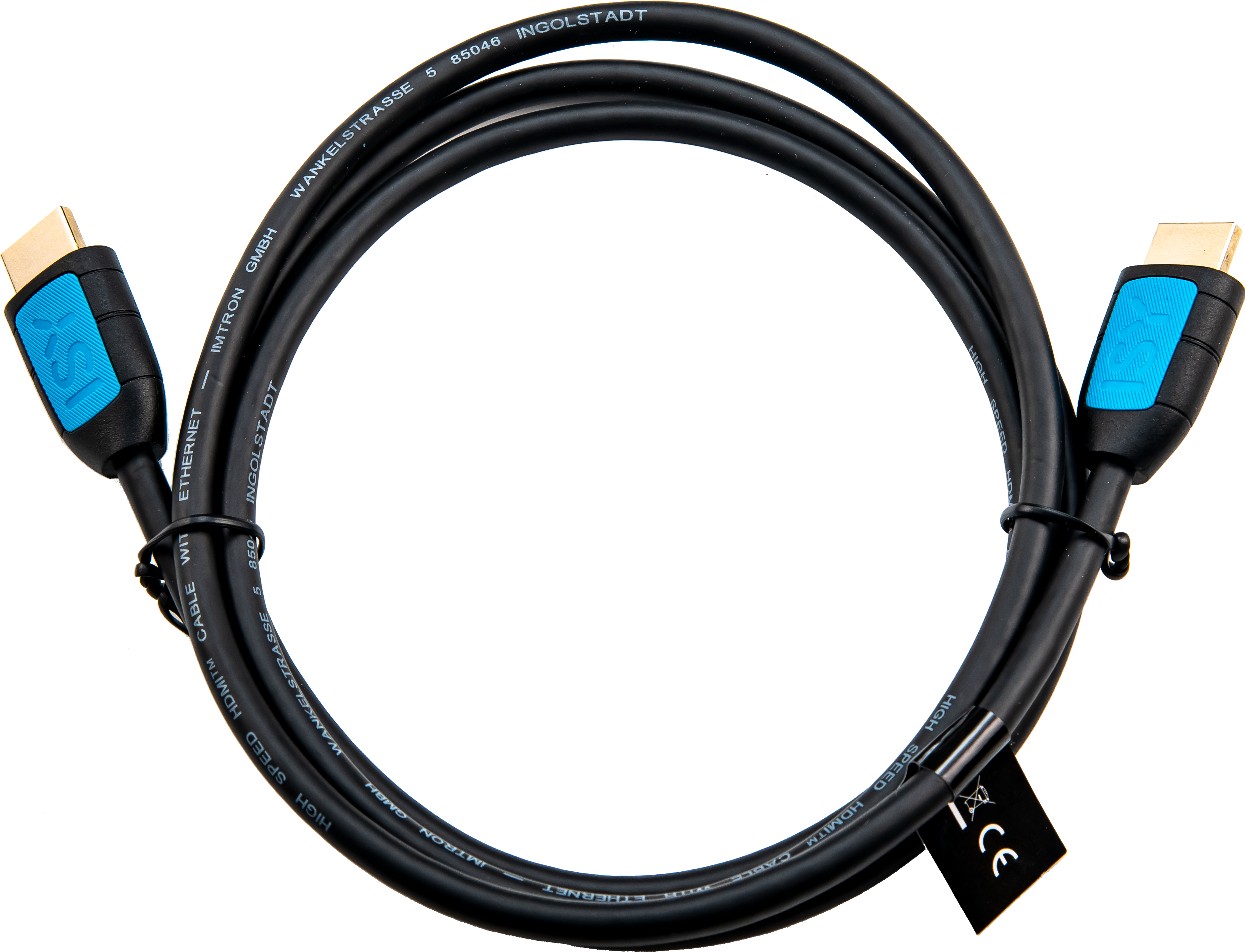 Câble HDMI noir avec détails et étiquettes bleus, enroulé.