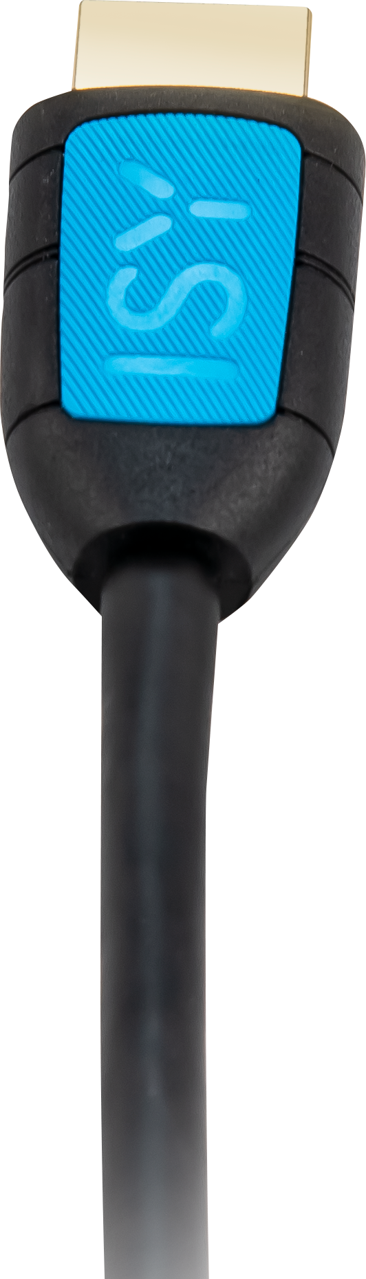 Câble HDMI noir avec une étiquette ISV bleue et blanche sur le connecteur.