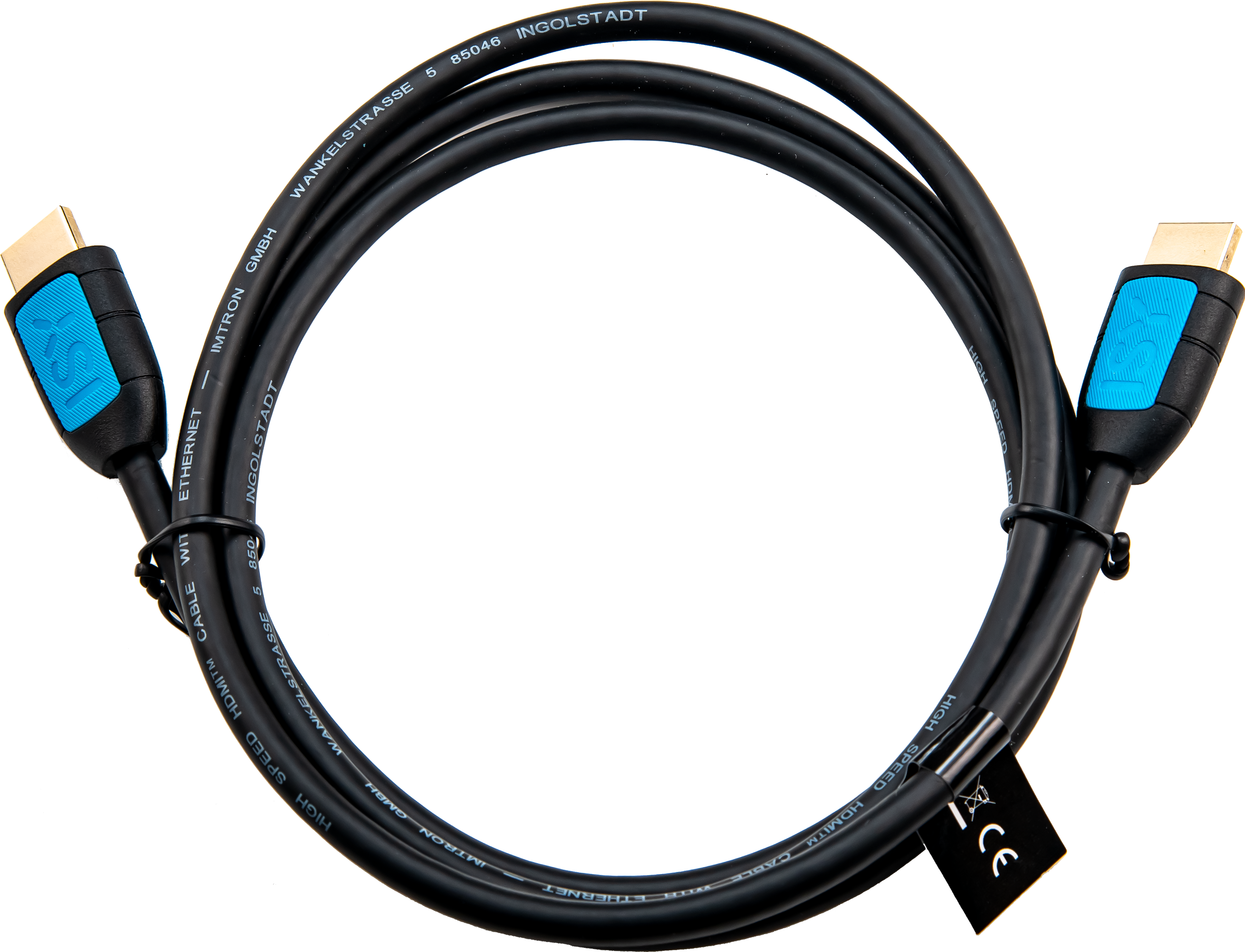 Ein schwarzes HDMI-Kabel ist vor schwarzem Hintergrund aufgerollt. Die Anschlüsse haben blaue und goldene Akzente.