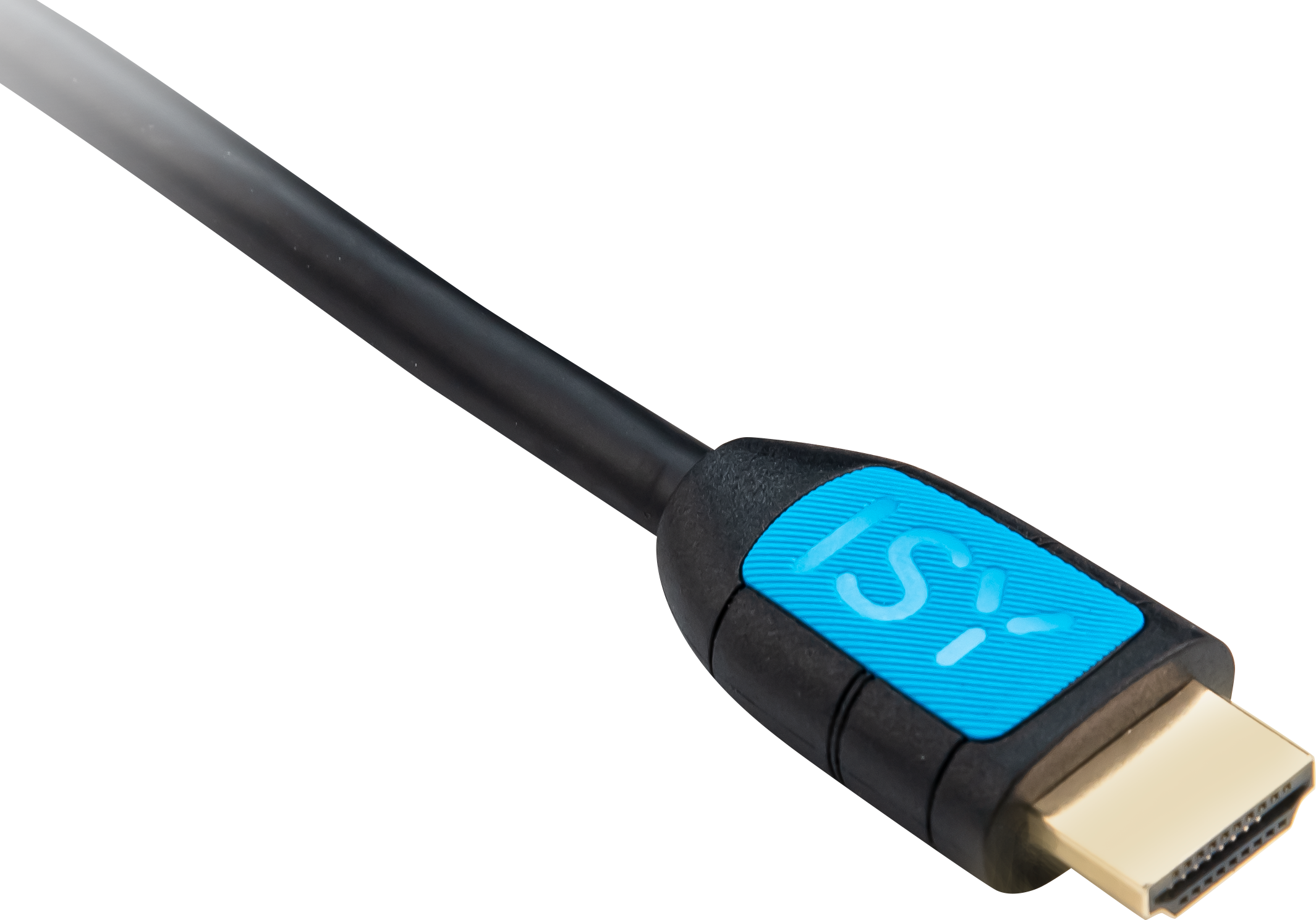 Ein schwarzes HDMI-Kabel mit blauem ISI-Logo auf schwarzem Hintergrund. Ein goldfarbener Stecker ist sichtbar.