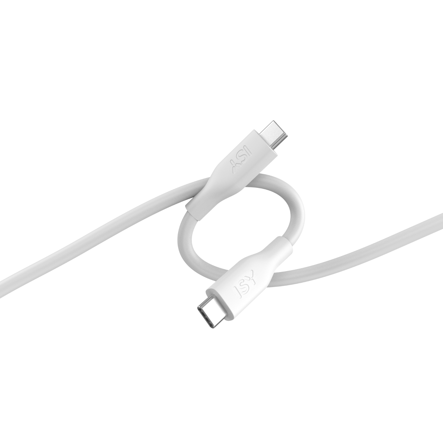 Een witte USB-C-kabel in een lus, met connectoren aan elk uiteinde, op een zwarte achtergrond.