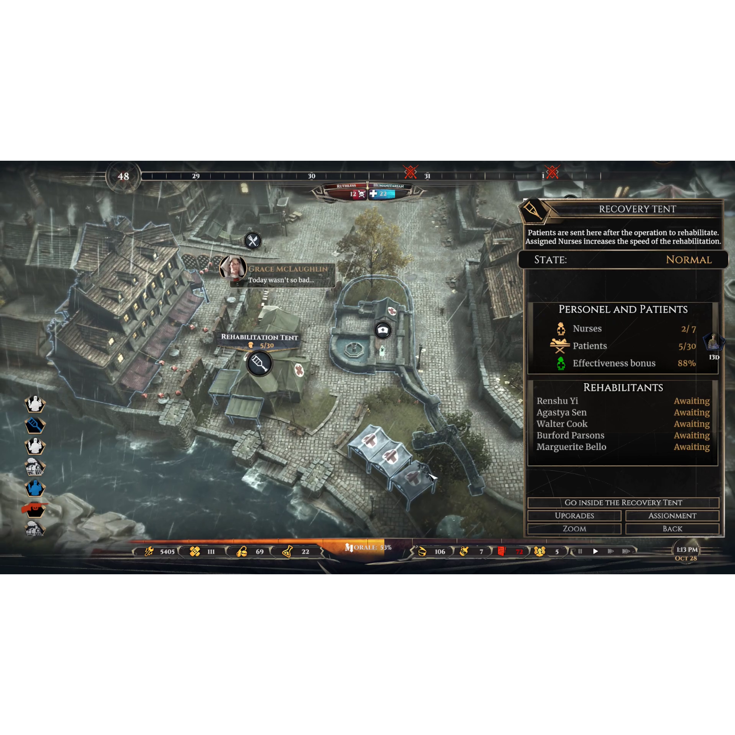 Bovenaanzicht van een game-interface met een stad, gebouwen en tekstvakken.