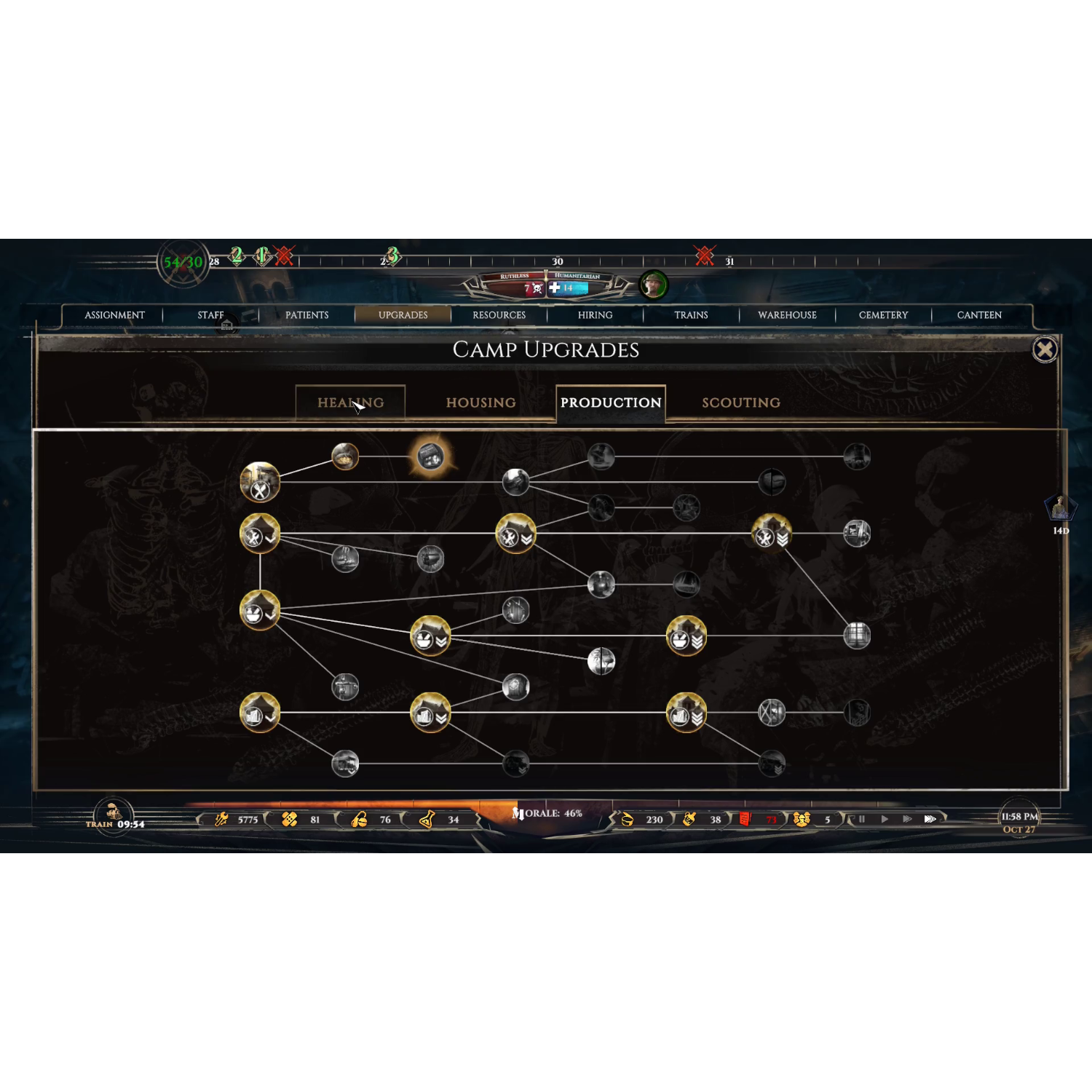 Spelinterface met tabbladen voor Opdracht, Personeel, Patiënten, Upgrades en meer.