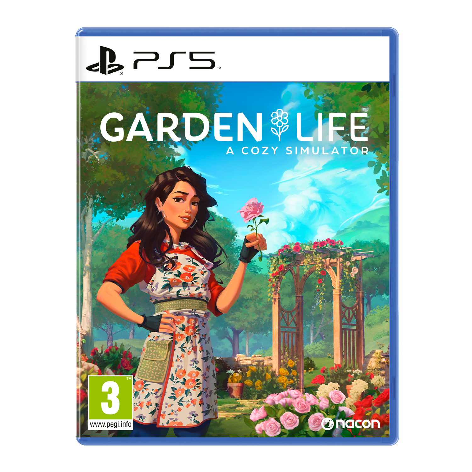 Spelverpakking voor 'Garden Life'. Een vrouw in een tuin met bloemen. PS5-logo zichtbaar.