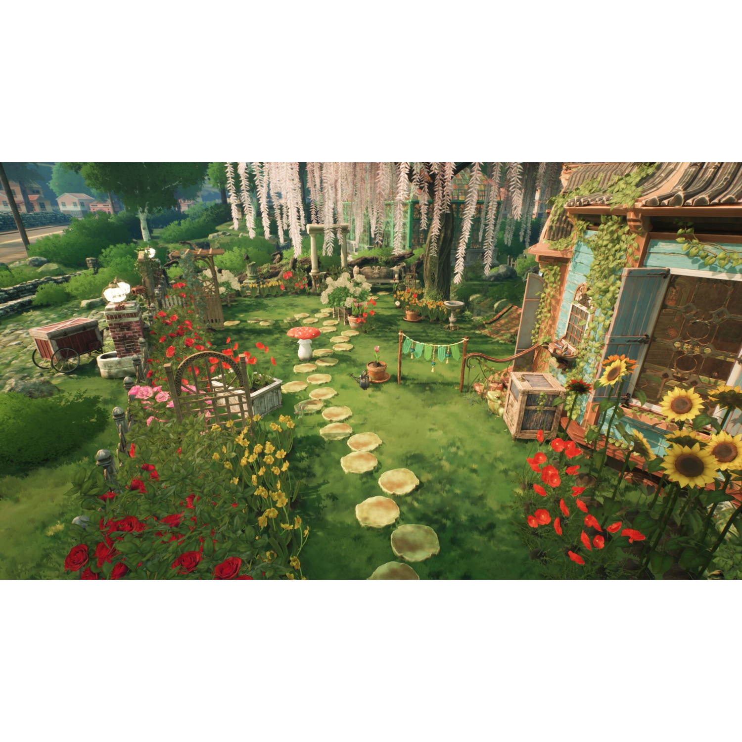 Tuin met pad, bloemen, huis en boom met hangende wijnranken.