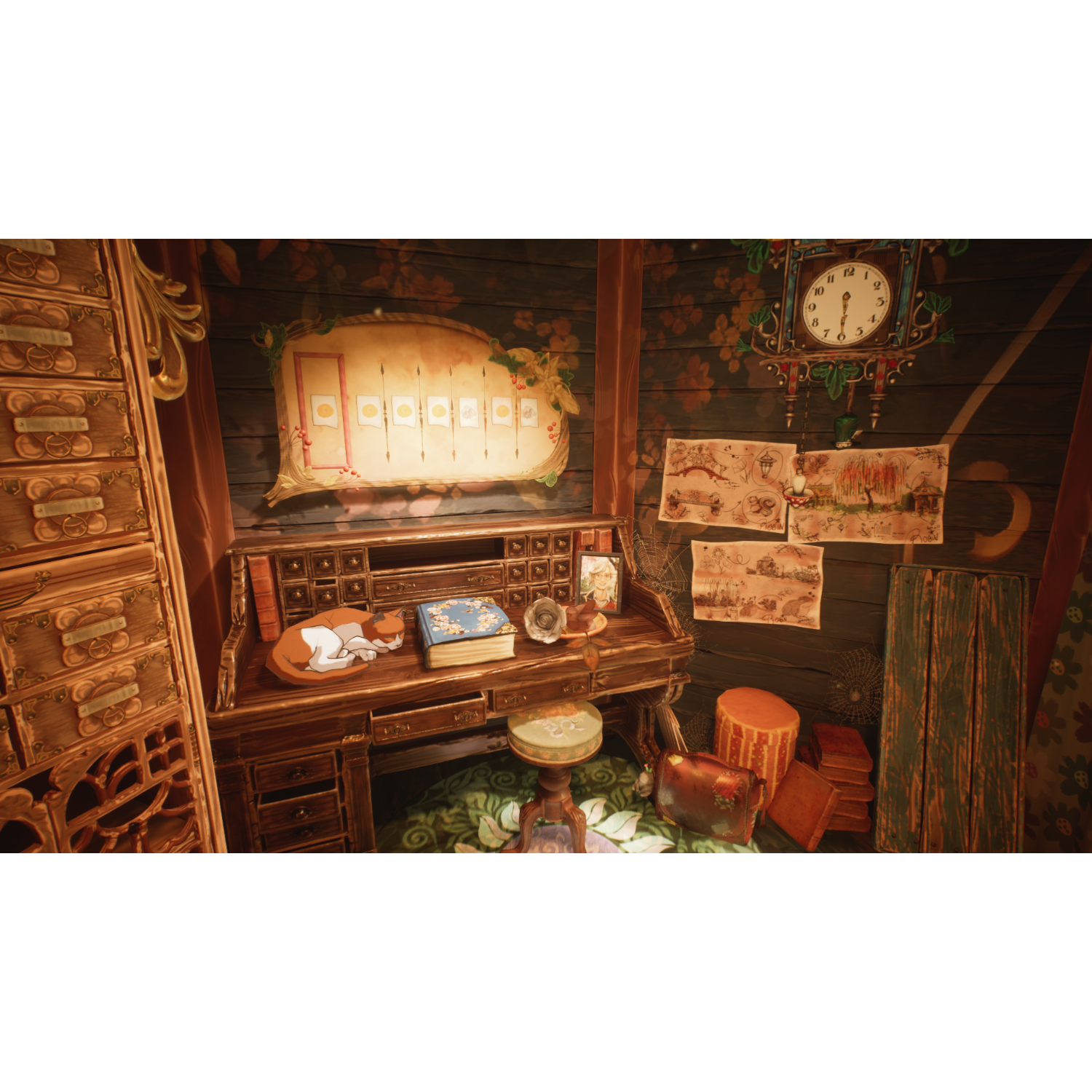 Een gedetailleerde opname van een houten bureau in een kamer met een klok.