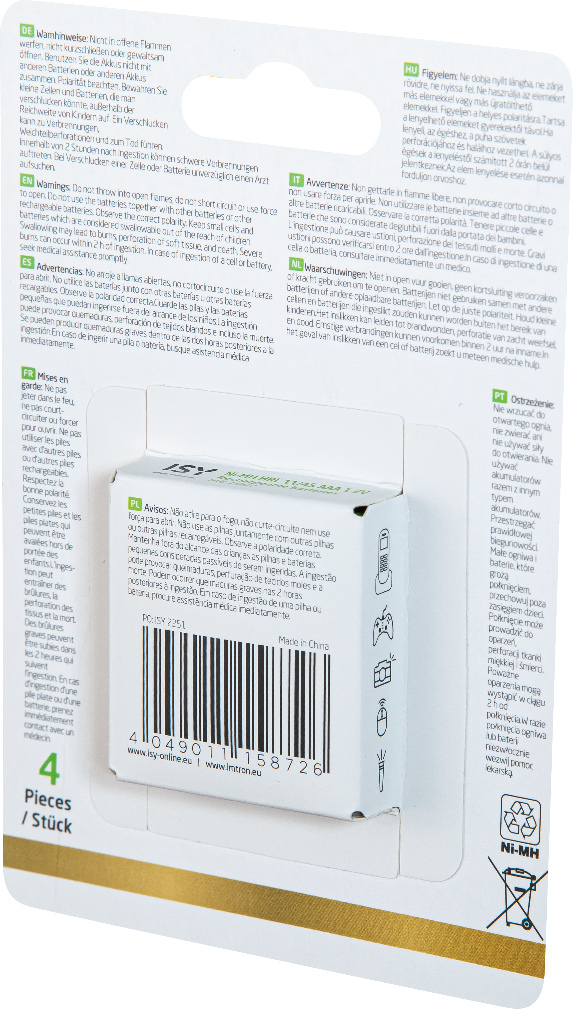 Un pacco batterie bianco e verde in una confezione. Testo in più lingue e loghi.