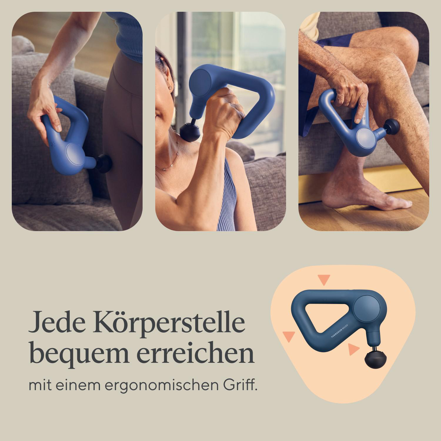 Bilder, die eine blaue Massagepistole zeigen, die auf verschiedenen Körperteilen verwendet wird.