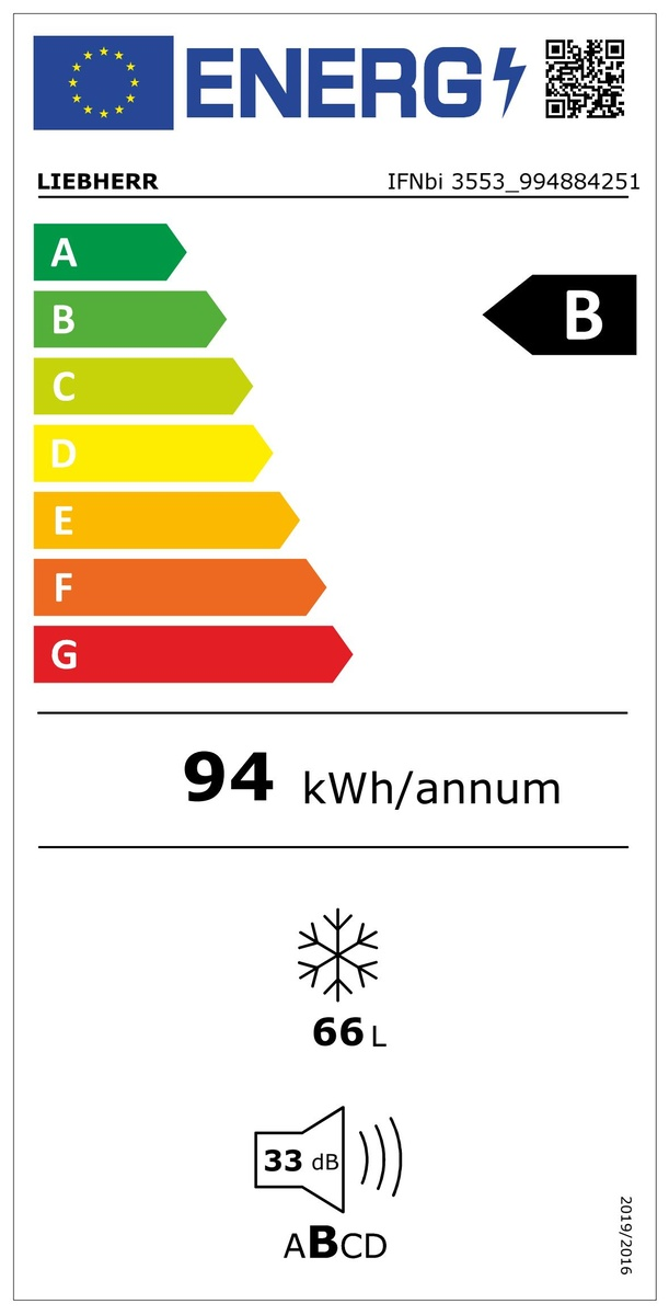 Energia címke színsorral, energiahatékonysági információval. B besorolás.