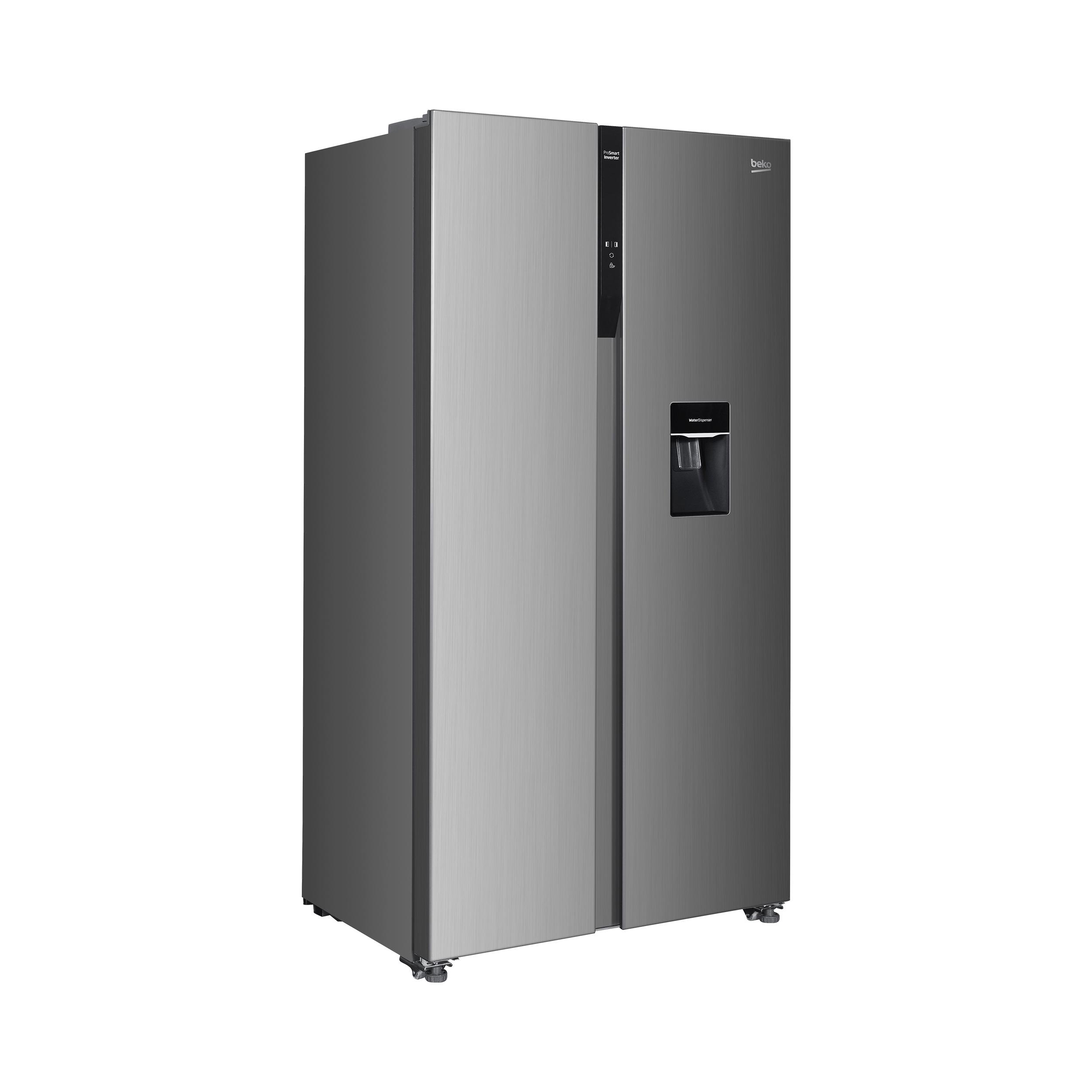 Silberner Side-by-Side-Kühlschrank mit Spender.